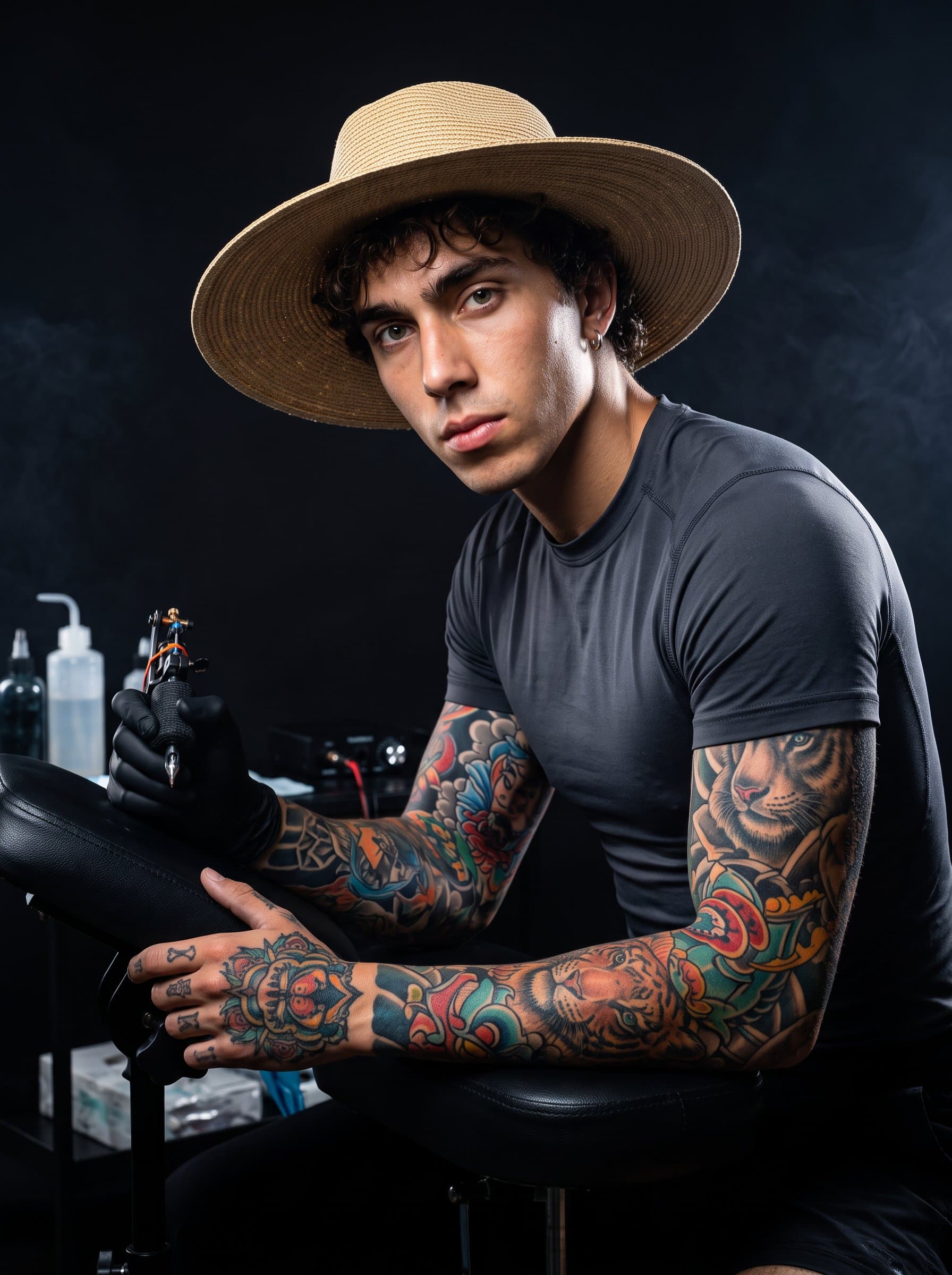 : Depict a tattoo artist with intricate sleeve designs, framed by a minimalist black background. Use dynamic lighting to accentuate their vibrant inkwork.
