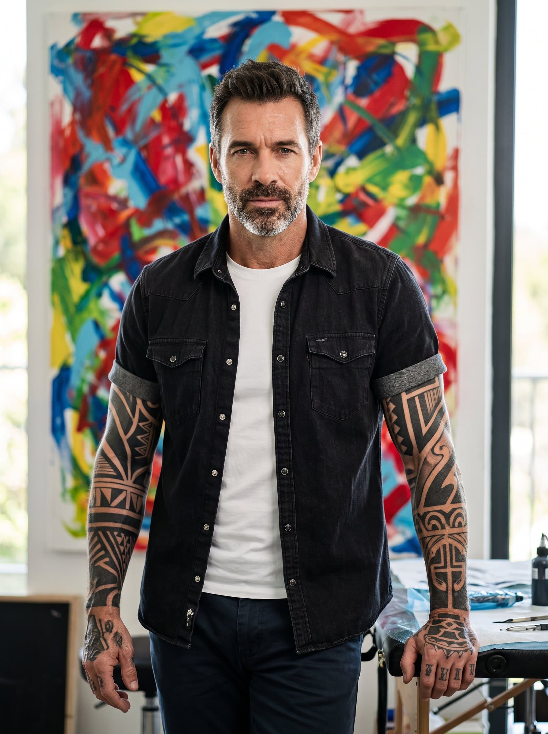 : A tattoo artist with bold, contrasting black and white tattoos, posed in front of an abstract, colorful painting. The vibrant backdrop complements their creative energy.