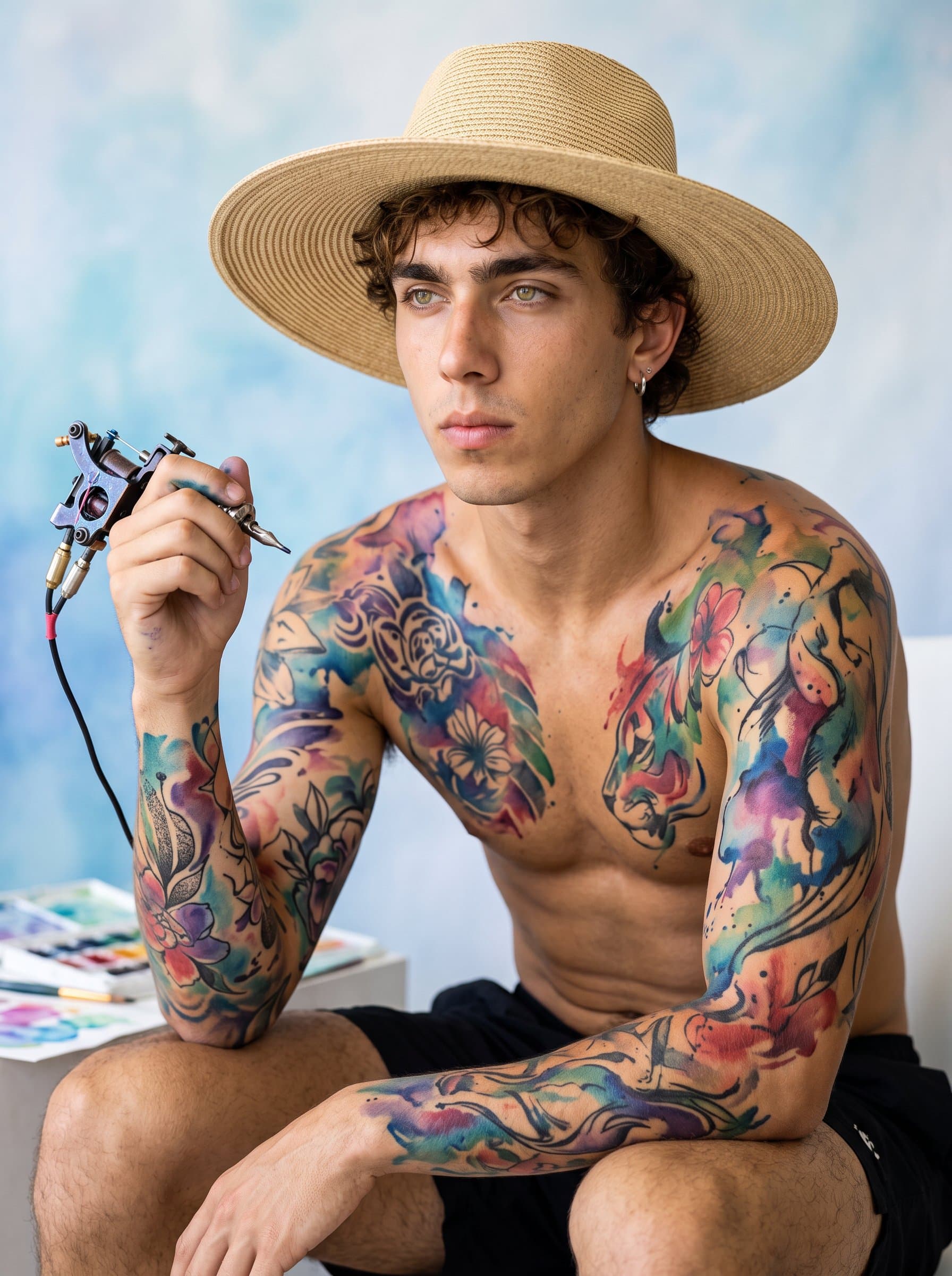 : Tattoo artist with vivid watercolor tattoos, surrounded by a soft, gradient backdrop. The setting should enhance the fluidity and creativity of their artistic choices.