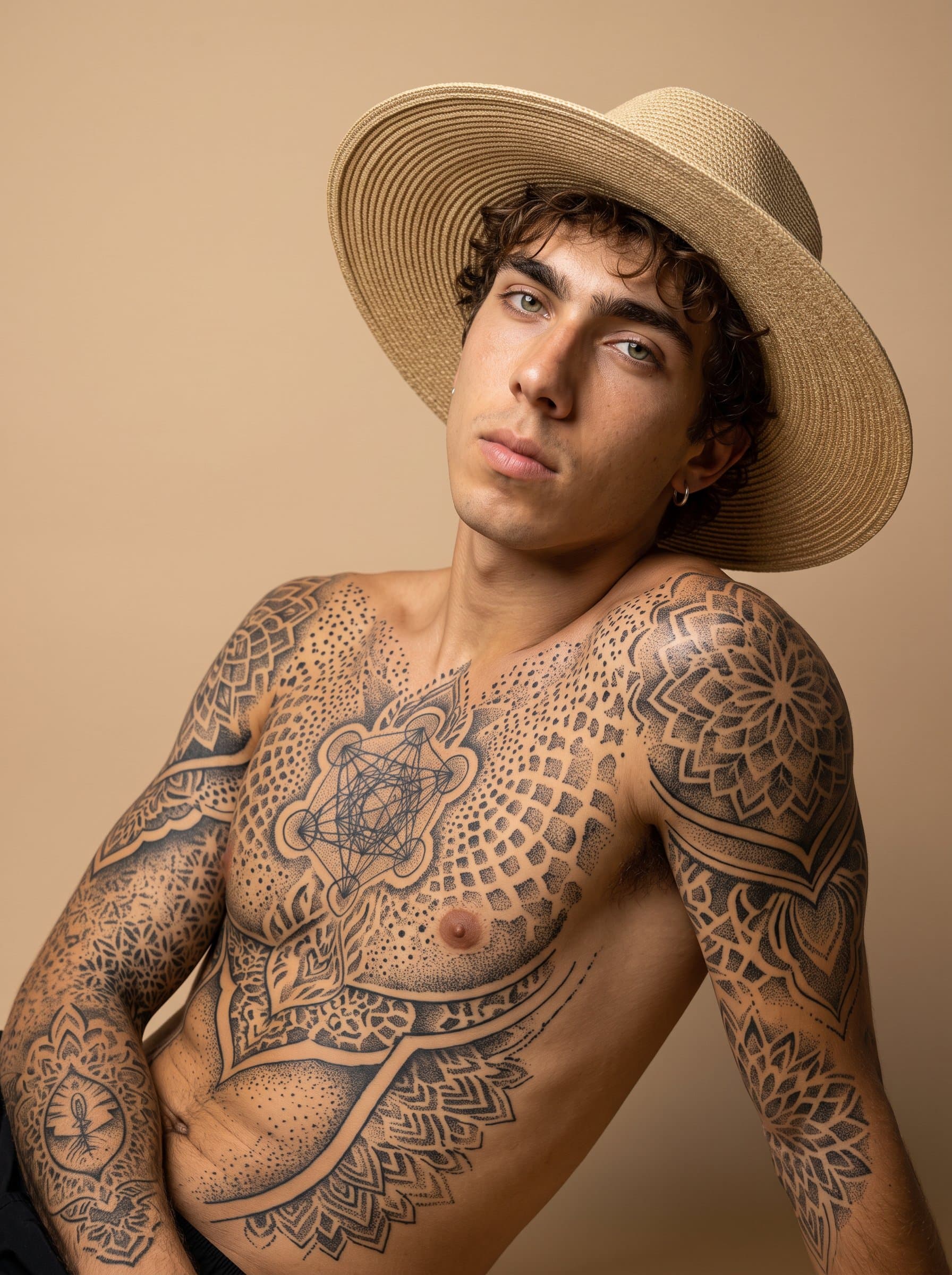 : Artist with intricate dot work tattoos, positioned against a smooth, beige background. Utilize subtle shadowing to enhance depth and detail in their tattoo designs.