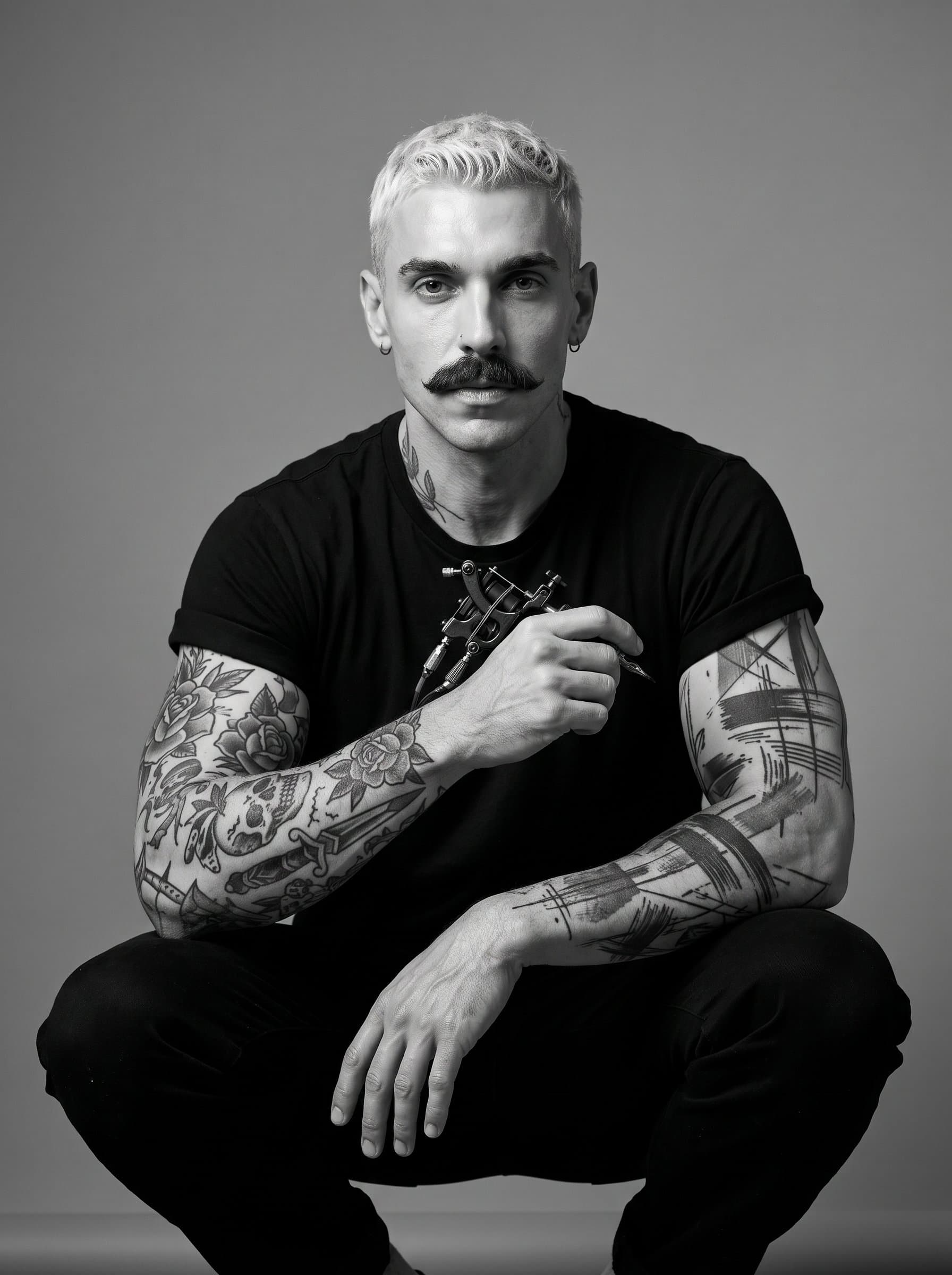 : A tattoo artist with a mix of abstract and traditional tattoos, set against a monochrome background. Aim for a timeless look, underscoring their versatile artistry.