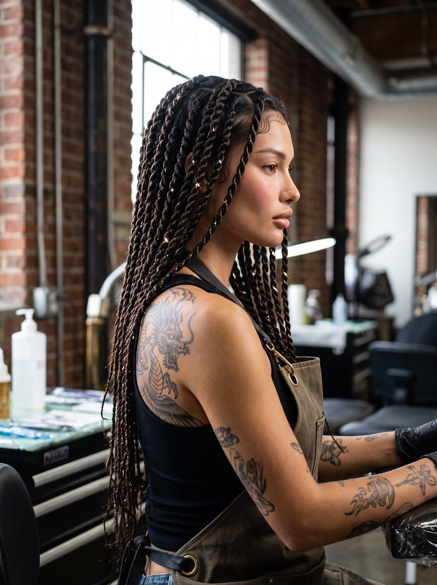 : Profile of a tattoo artist with a full back tattoo, the design peeking over their shoulder. A blurred industrial setting provides a contrast to their intricate artwork.