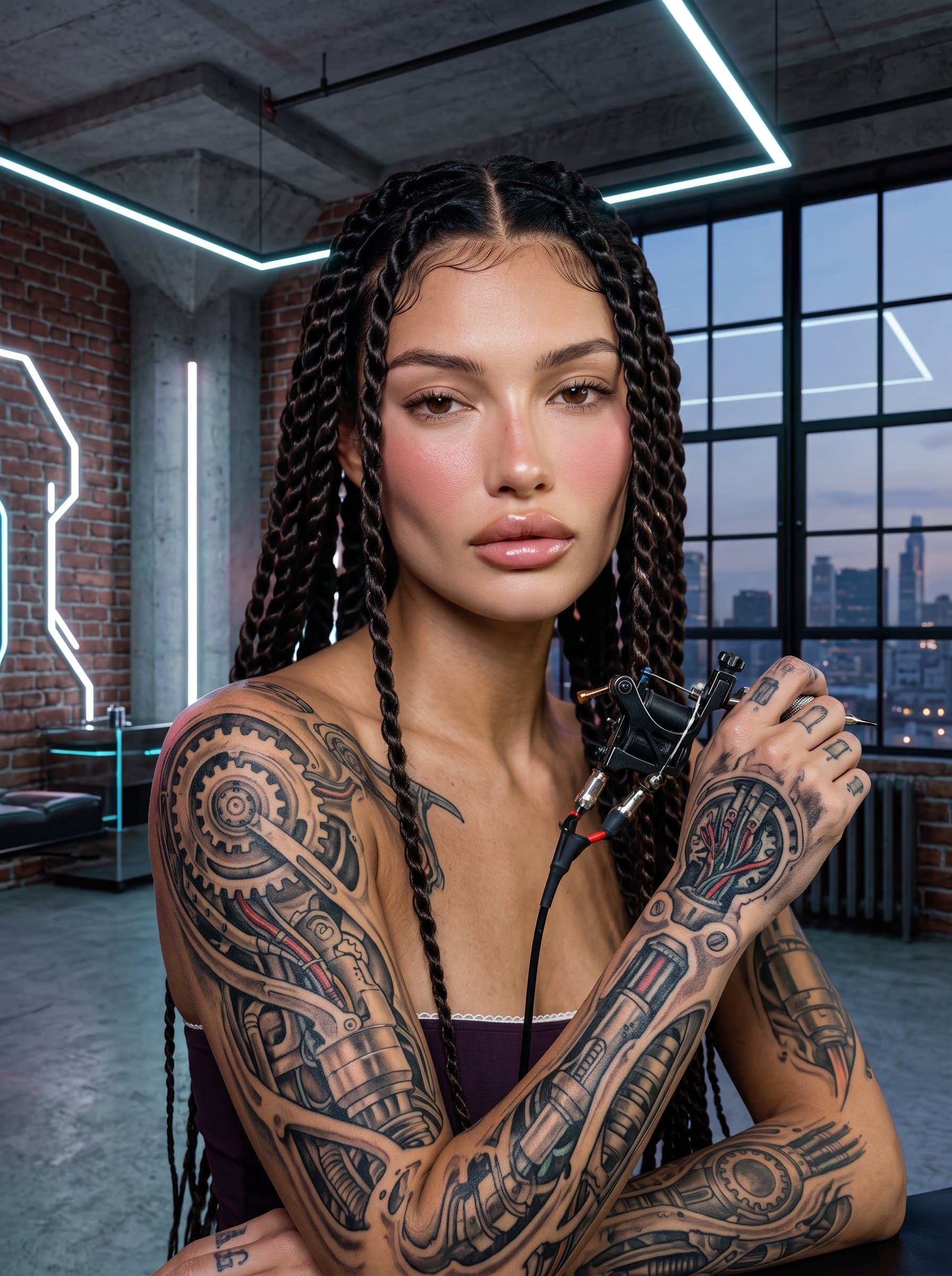: Headshot of a tattoo artist with complex biomechanical tattoos, set in an urban loft studio. The environment should reflect their futuristic and innovative artistic approach.