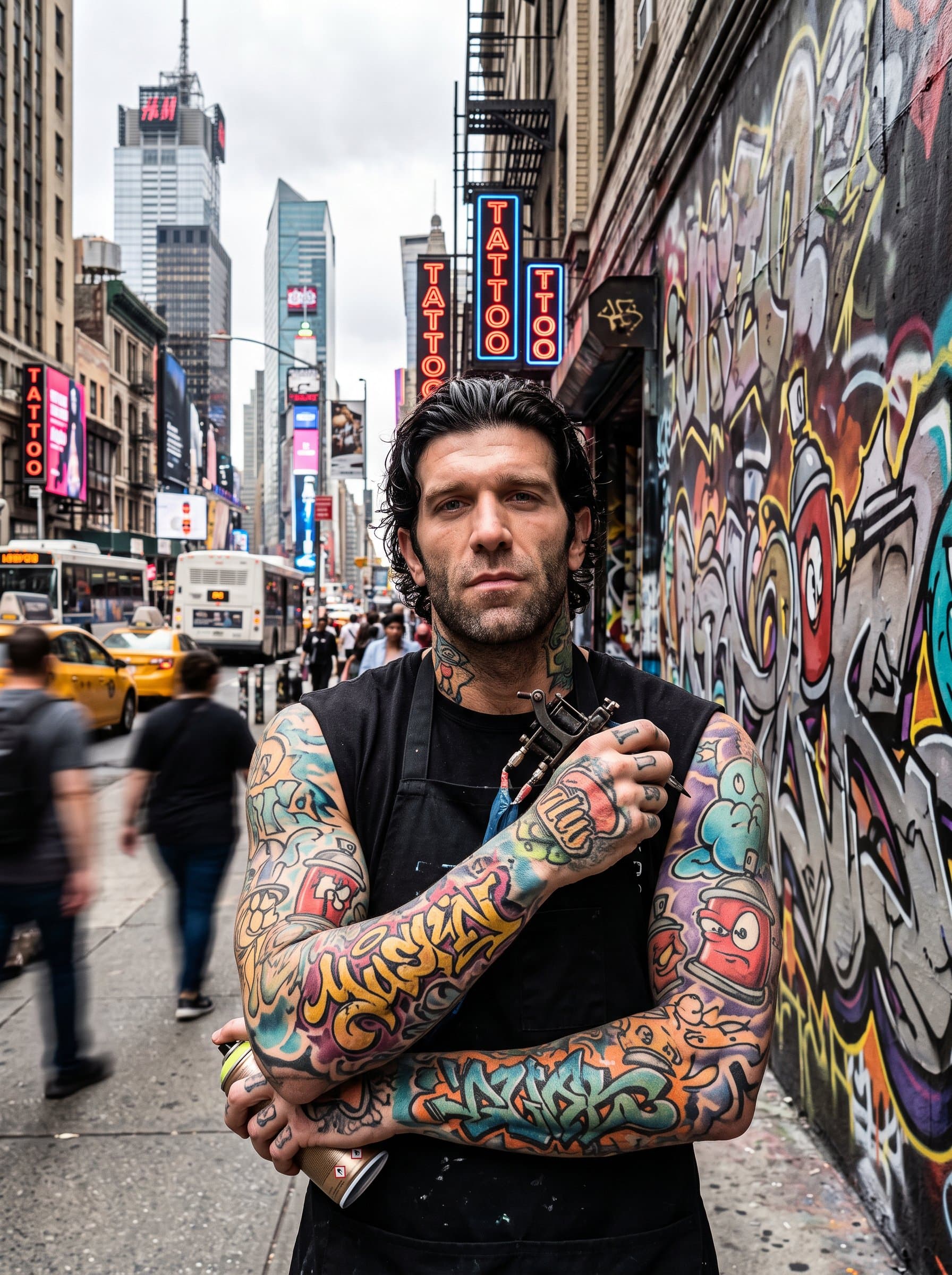 : Portrait of a tattoo artist with graffiti-style tattoos, captured in a bustling cityscape. Incorporate urban elements to highlight their connection to street art culture.