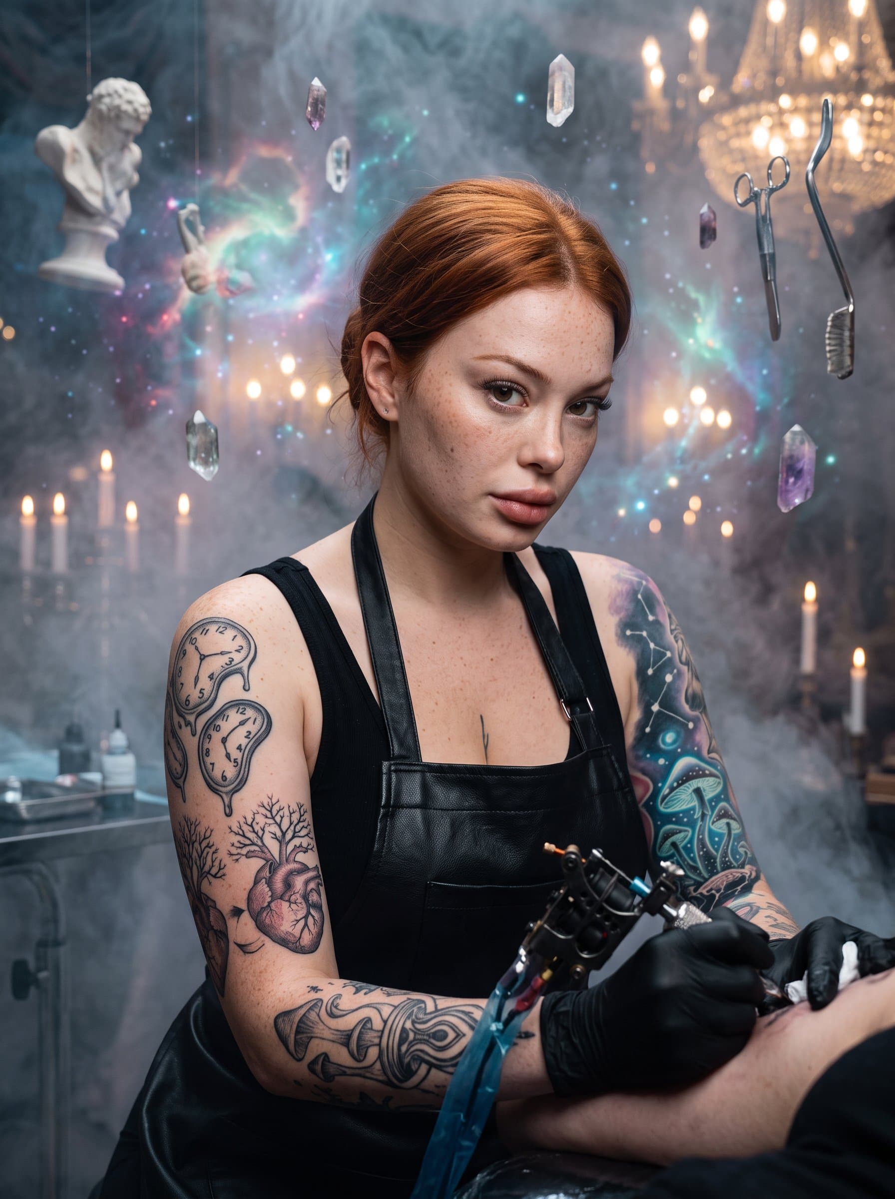 : Tattoo artist with surreal, dreamlike tattoos, set against an ethereal, foggy backdrop. The image should evoke a sense of mystery and artistic innovation.