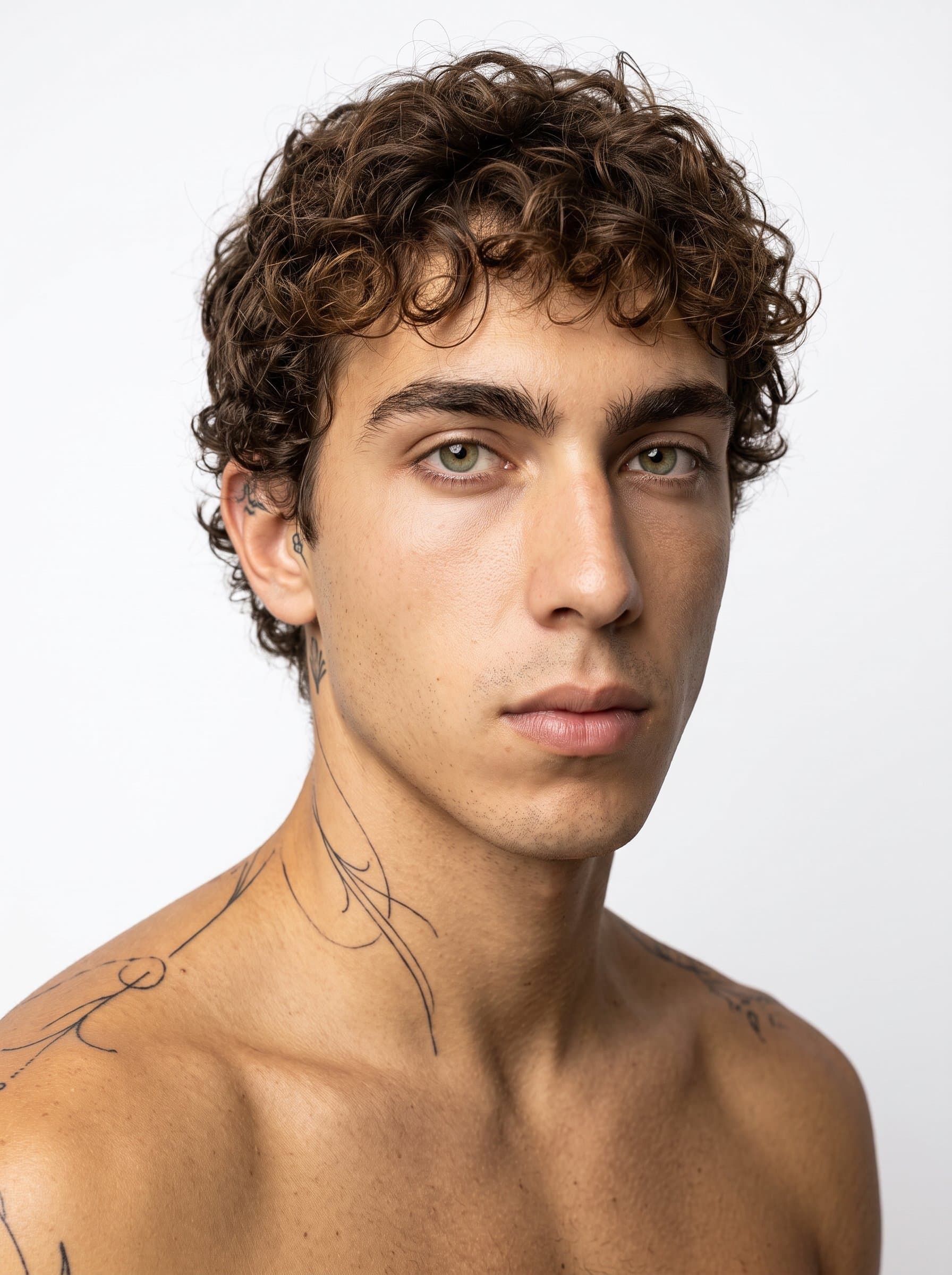 : Headshot of a tattoo artist with minimalistic line tattoos, positioned in front of a clean white backdrop. Use subtle lighting to accentuate the simplicity and elegance of their work.