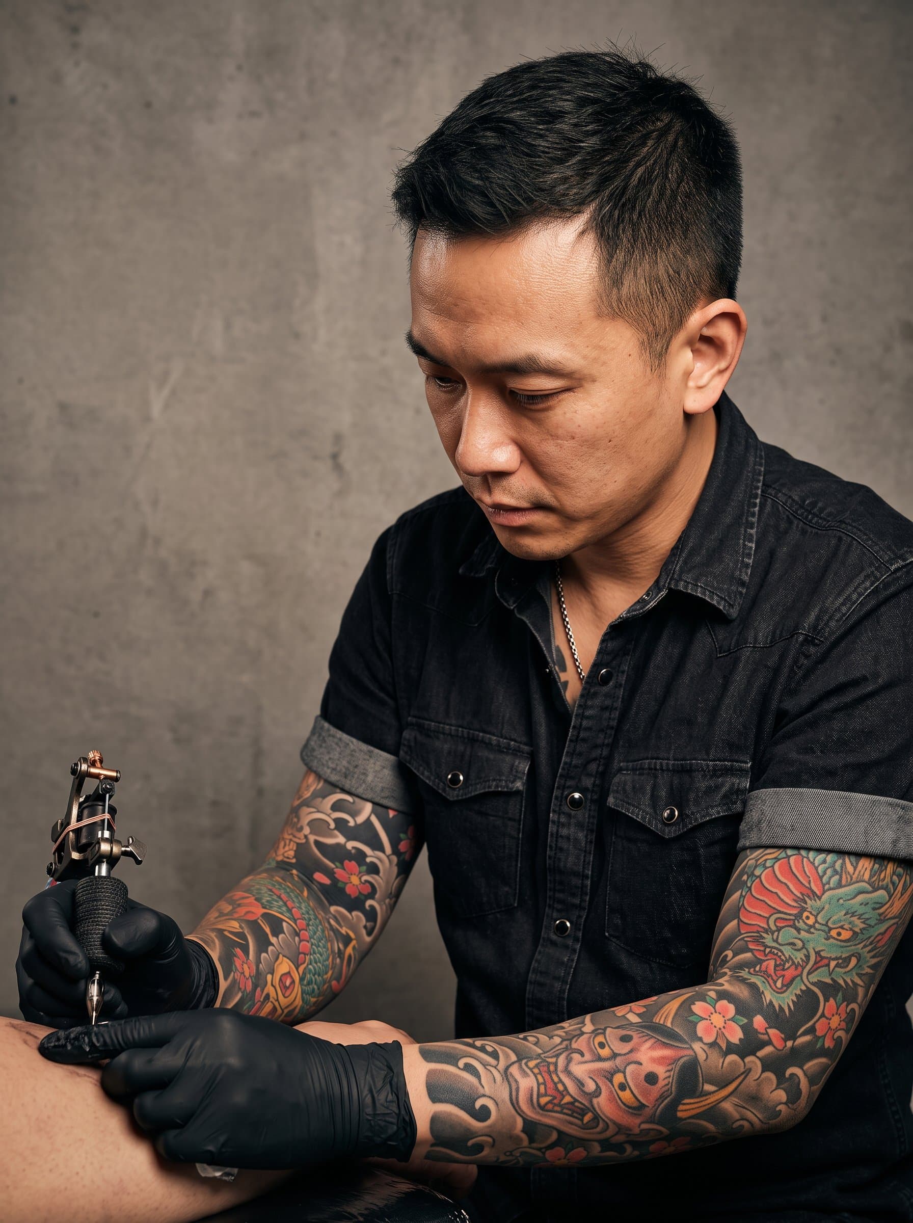 : A tattoo artist with traditional Japanese tattoos, portrayed against a simple, textured gray backdrop. This emphasizes their dedication to cultural and historical tattoo styles.