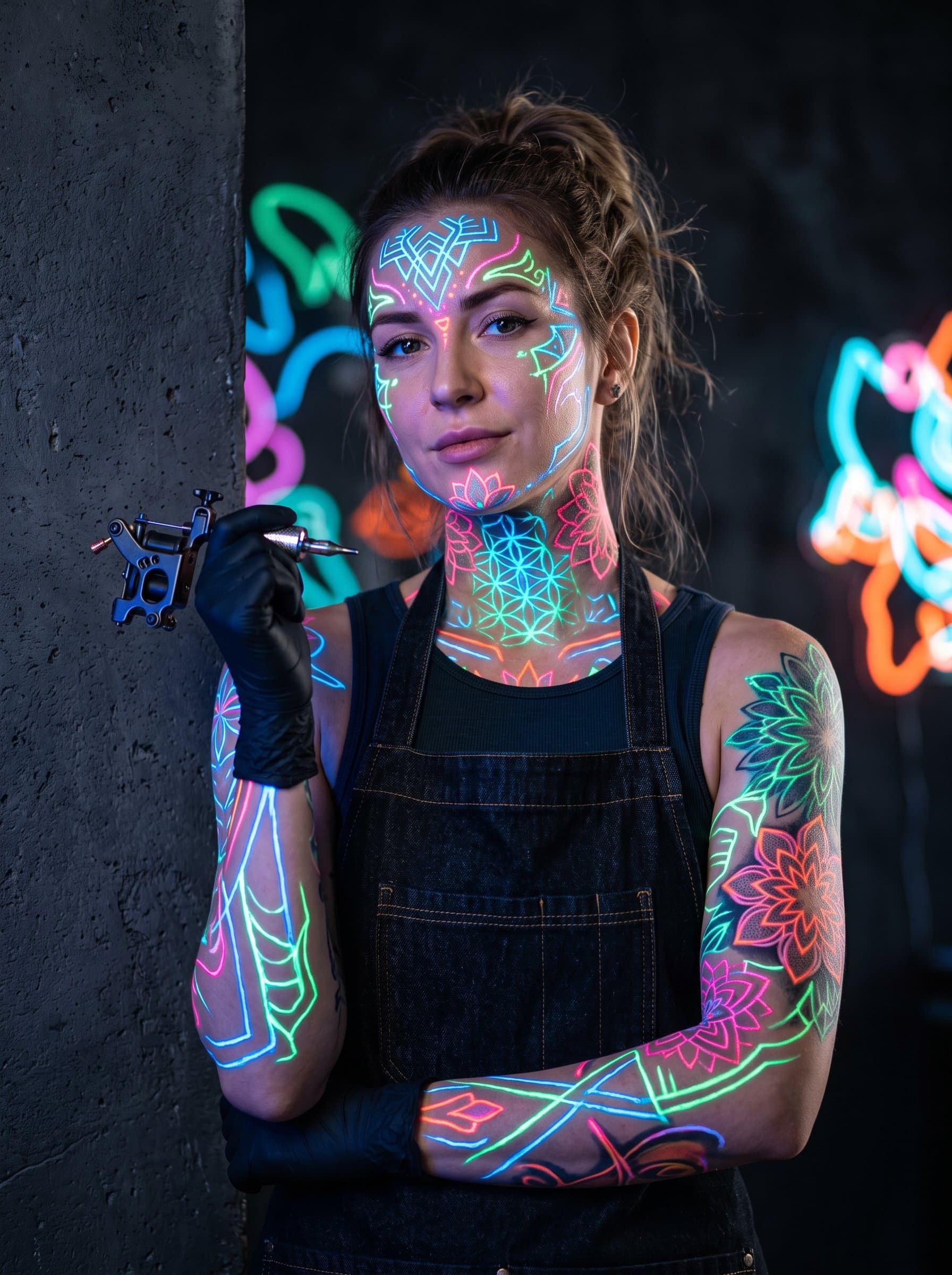 : Portrait of a tattoo artist with neon ink tattoos, emerging from a dark, textured backdrop. The image captures their bold use of color and innovative style.