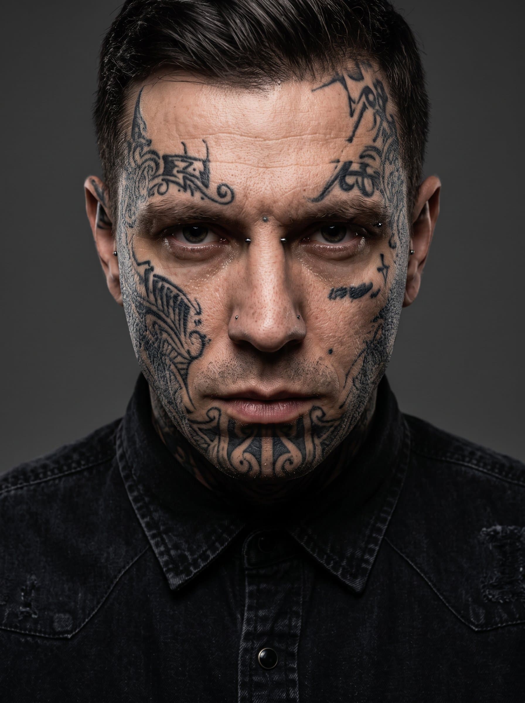 : Headshot of a tattoo artist with face tattoos, highlighted under dramatic lighting. Use a neutral backdrop to focus on their expressive ink and piercing gaze.