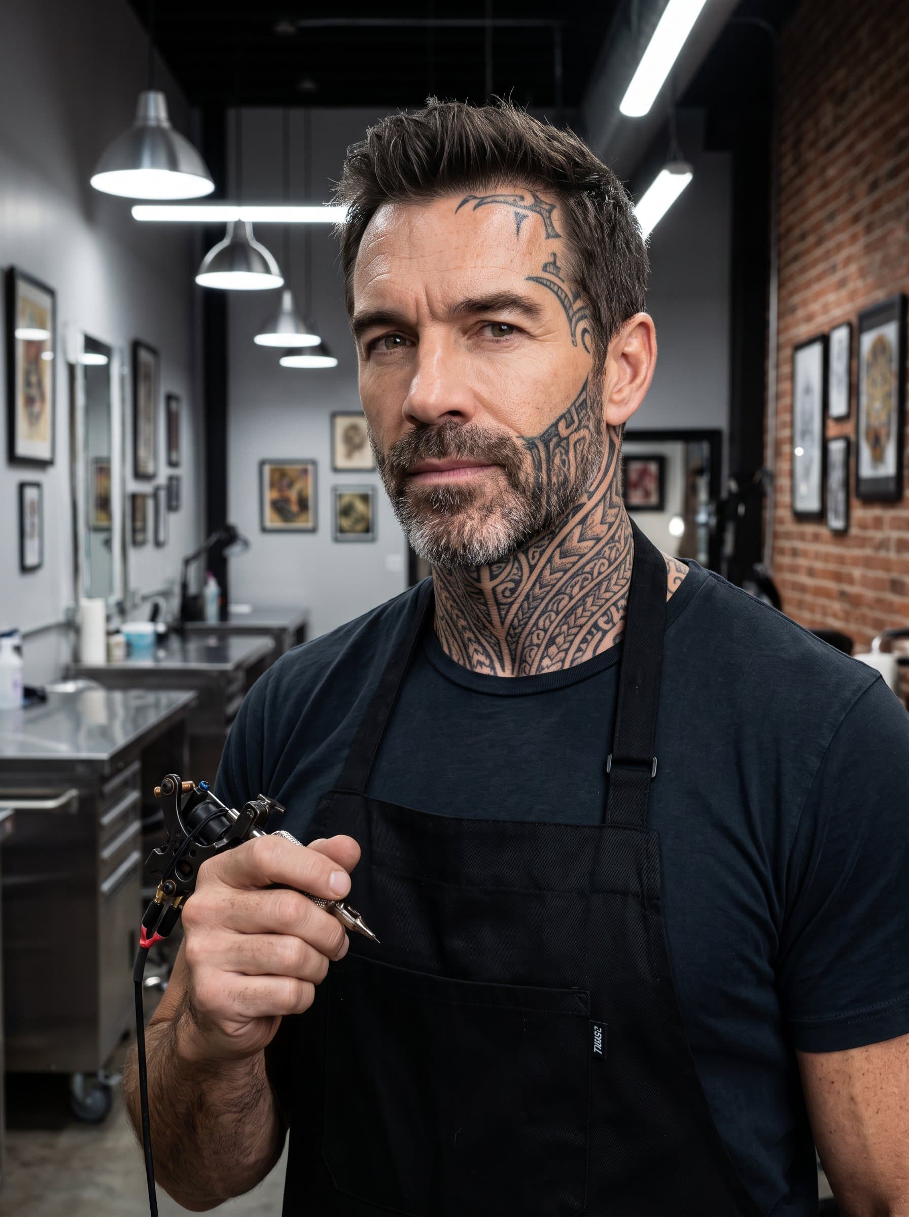: A tattoo artist with tribal facial tattoos, posed in a modern studio. Use soft lighting to highlight their intricate neck designs while maintaining an edgy yet professional aesthetic.