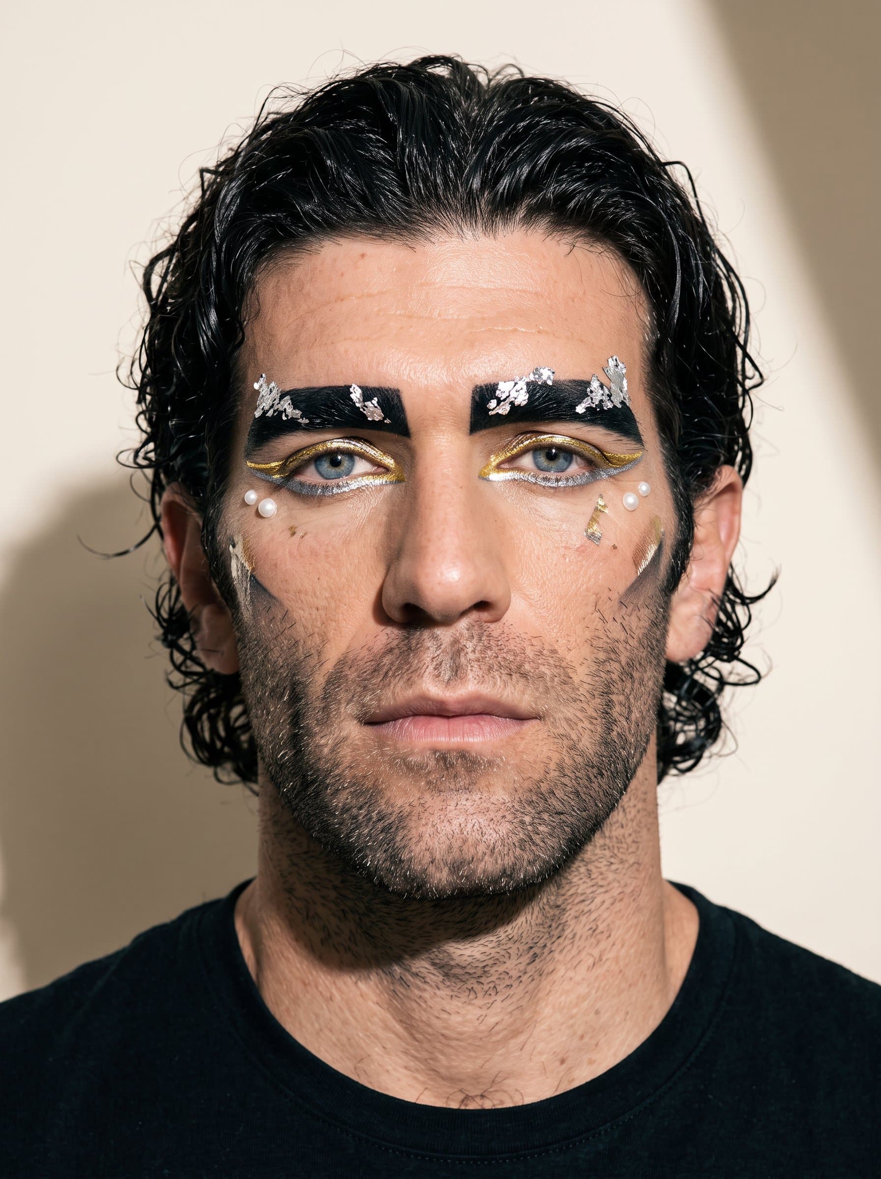 A with avant-garde makeup, featuring metallic accents and bold brows. The understated cream backdrop enhances the striking details of their makeup artistry.