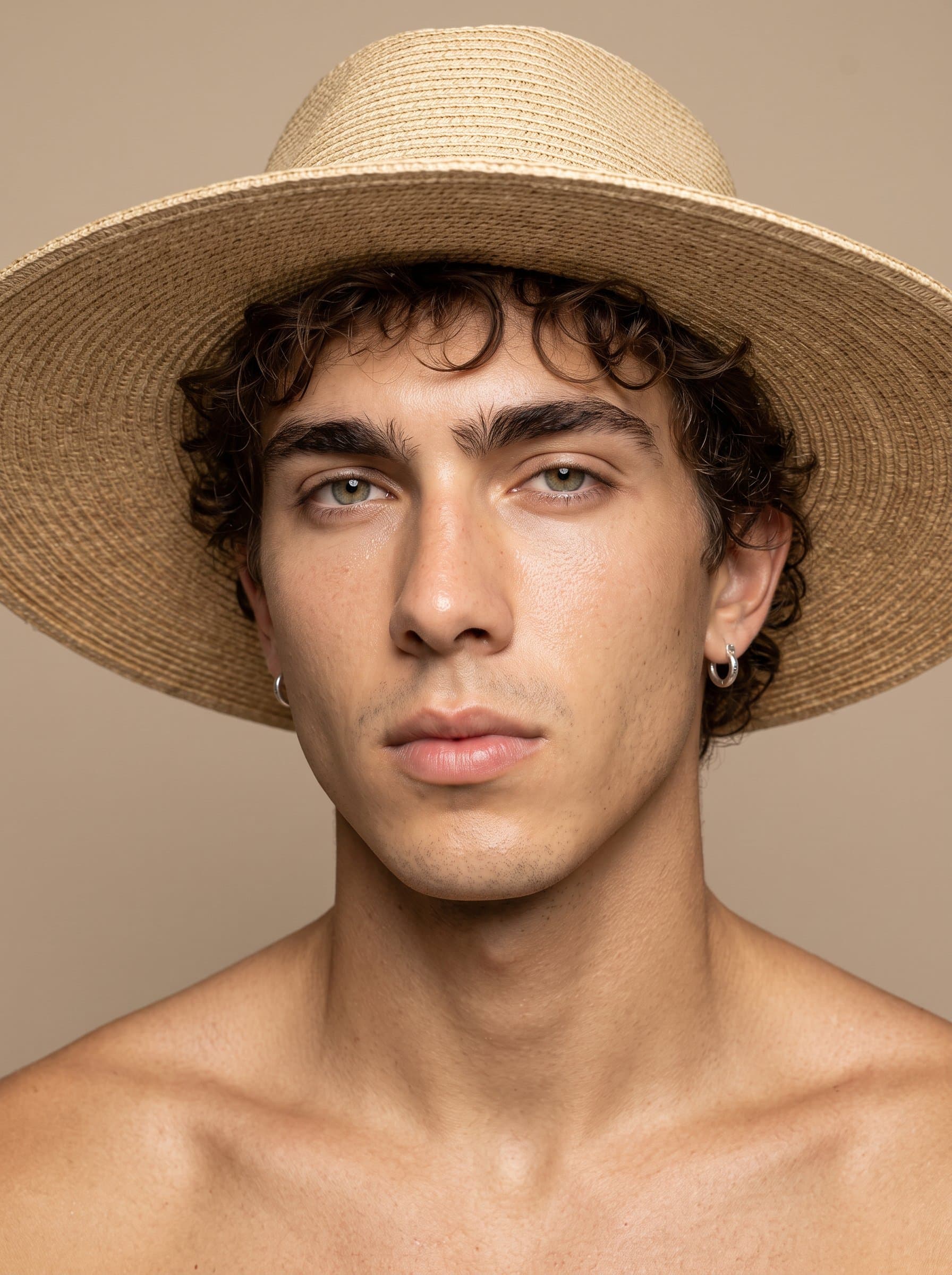 Photograph a with a natural, minimalist makeup style. The neutral beige background and soft lighting emphasize their radiant skin and subtle artistry, focusing on the elegance of simplicity.
