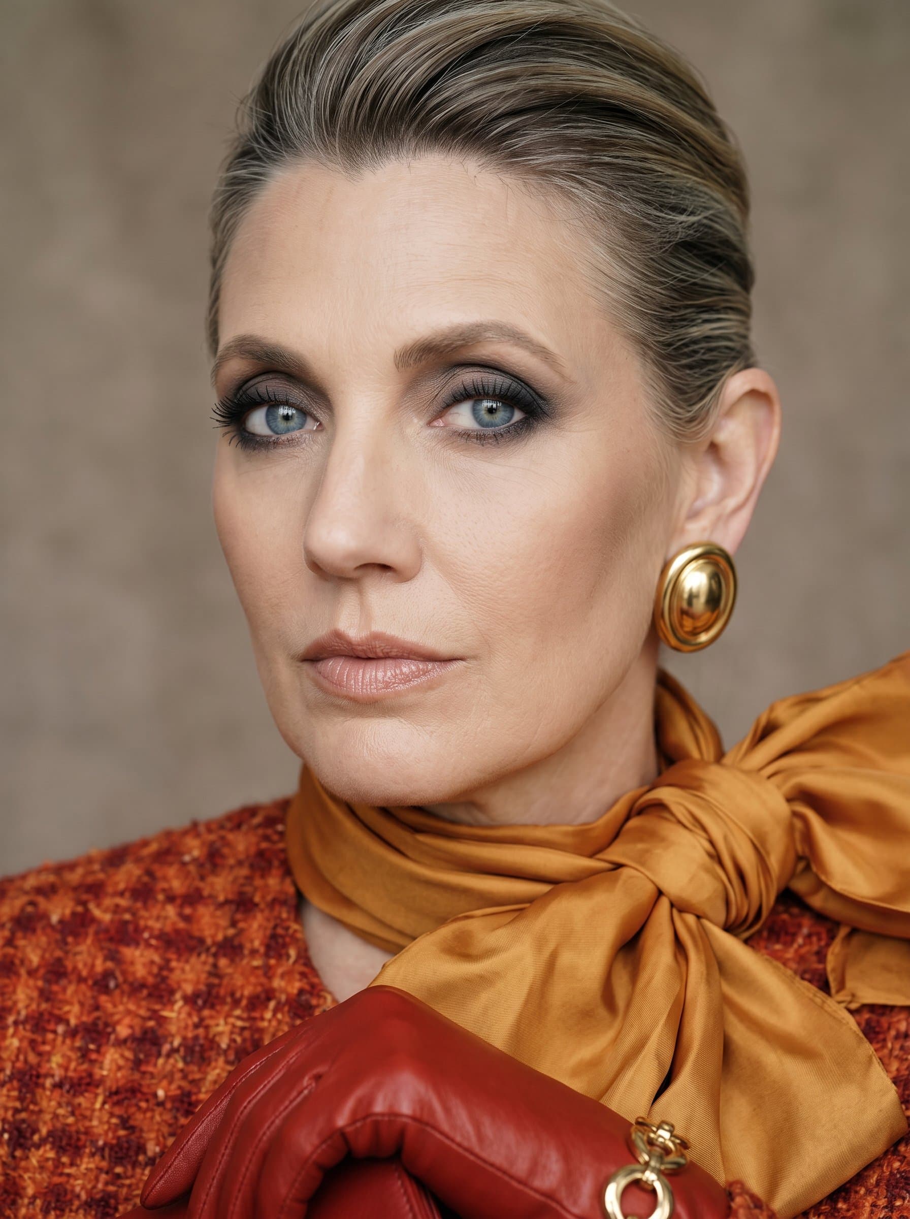 showcases a classic smoky eye look. The soft, blurred taupe background complements their dramatic, perfectly blended eye makeup, with natural lighting highlighting the depth of color.
