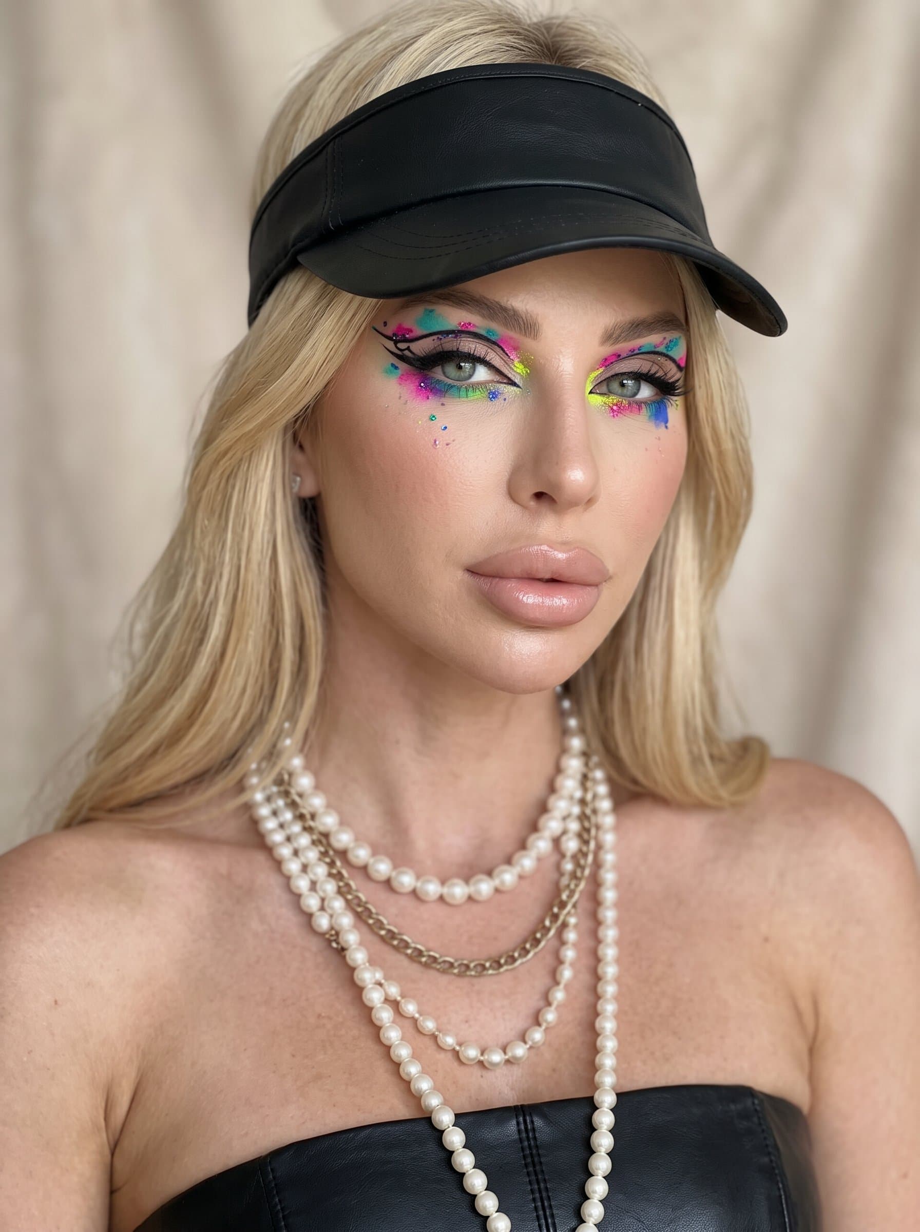 A with intricate eye makeup, featuring splashes of vibrant colors. Natural light highlights the precision of their eyeliner against a soft, blurred beige background, accentuating their artistic flair and creativity.