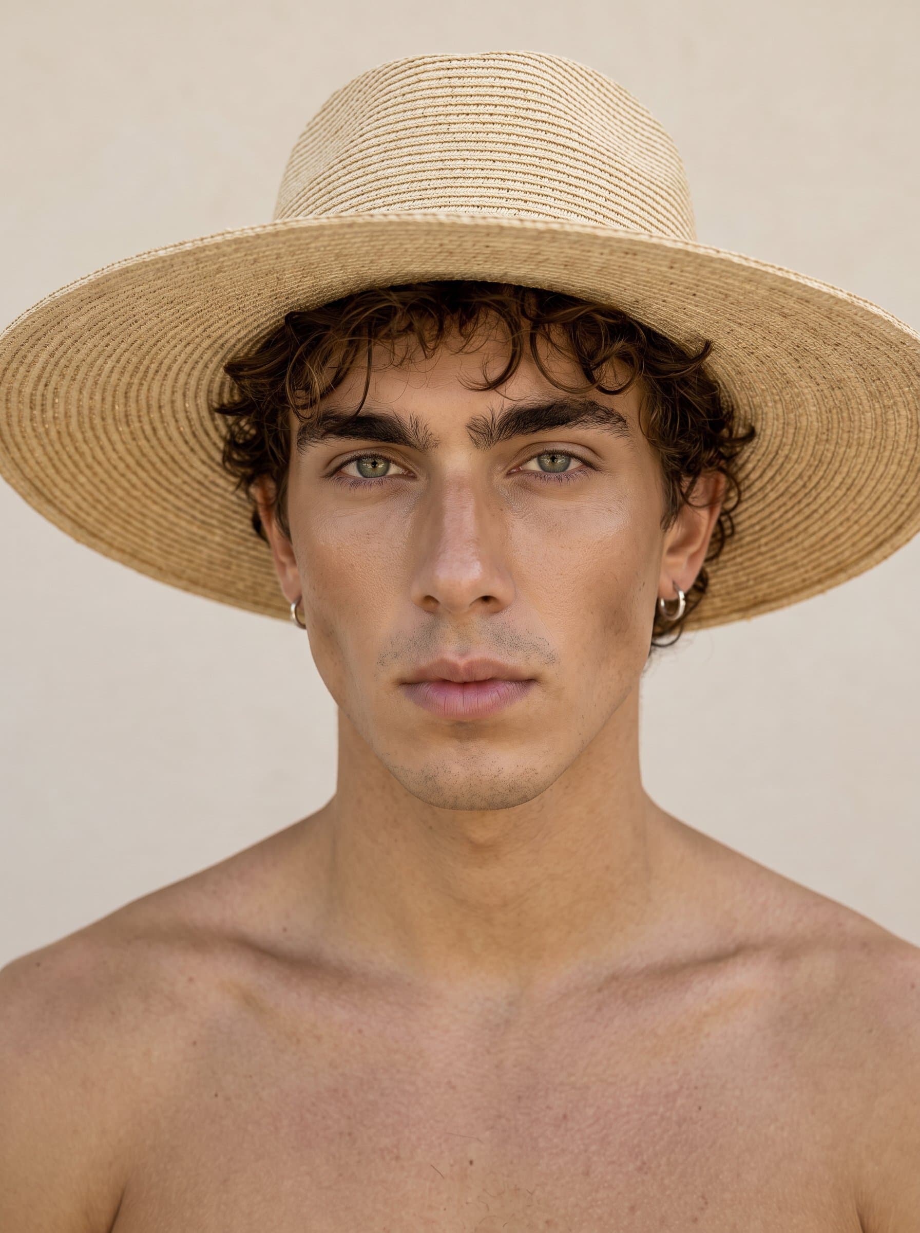 Focus on a with expertly applied contour and highlight, sculpting their features against a muted sand-colored background. The natural lighting enhances the dimension and skill of their technique.