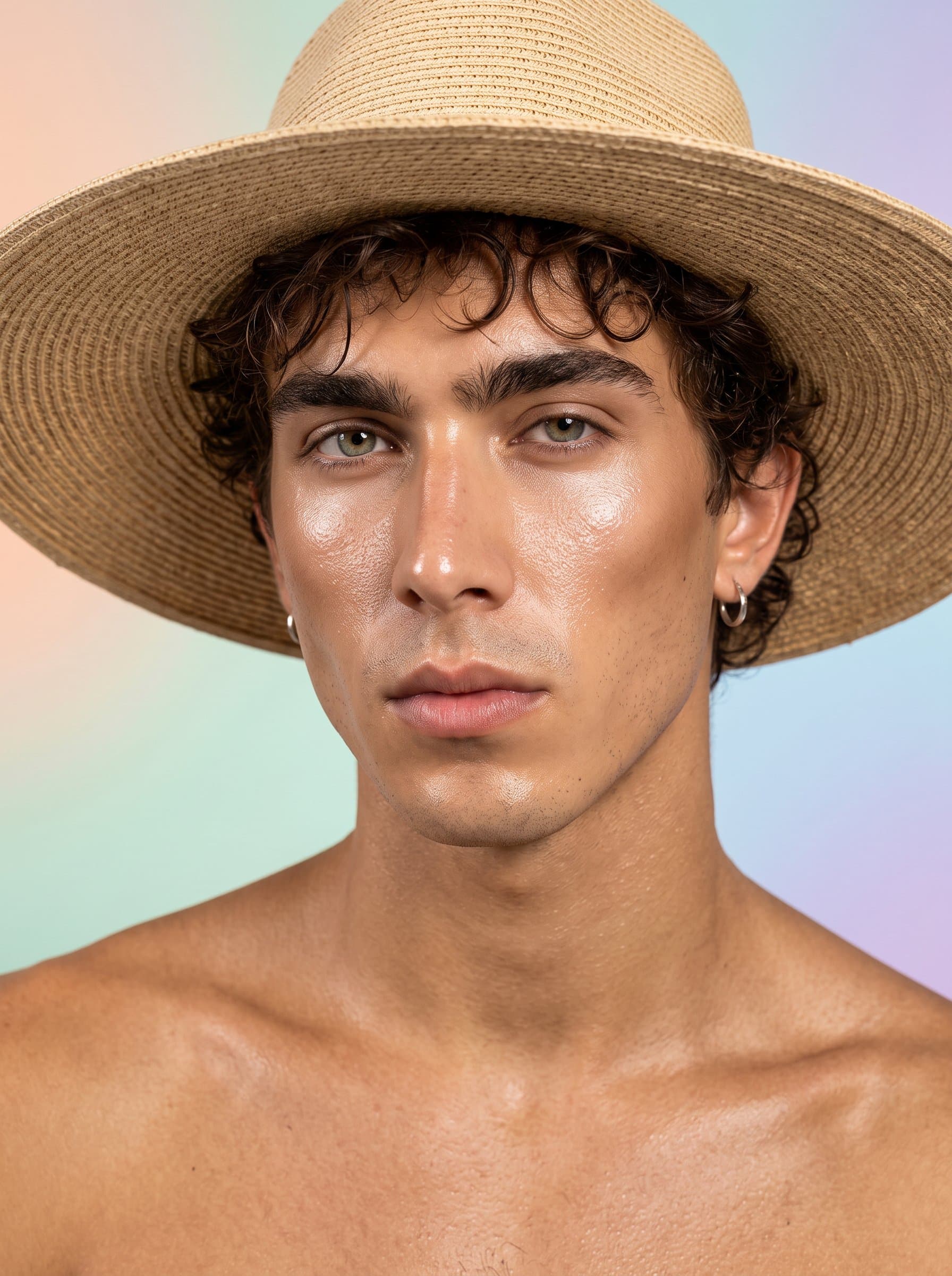 displays a dewy, glowing complexion. Subtle contouring emphasizes their cheekbones, with a background of gentle pastel tones, drawing attention to their expertly crafted look.