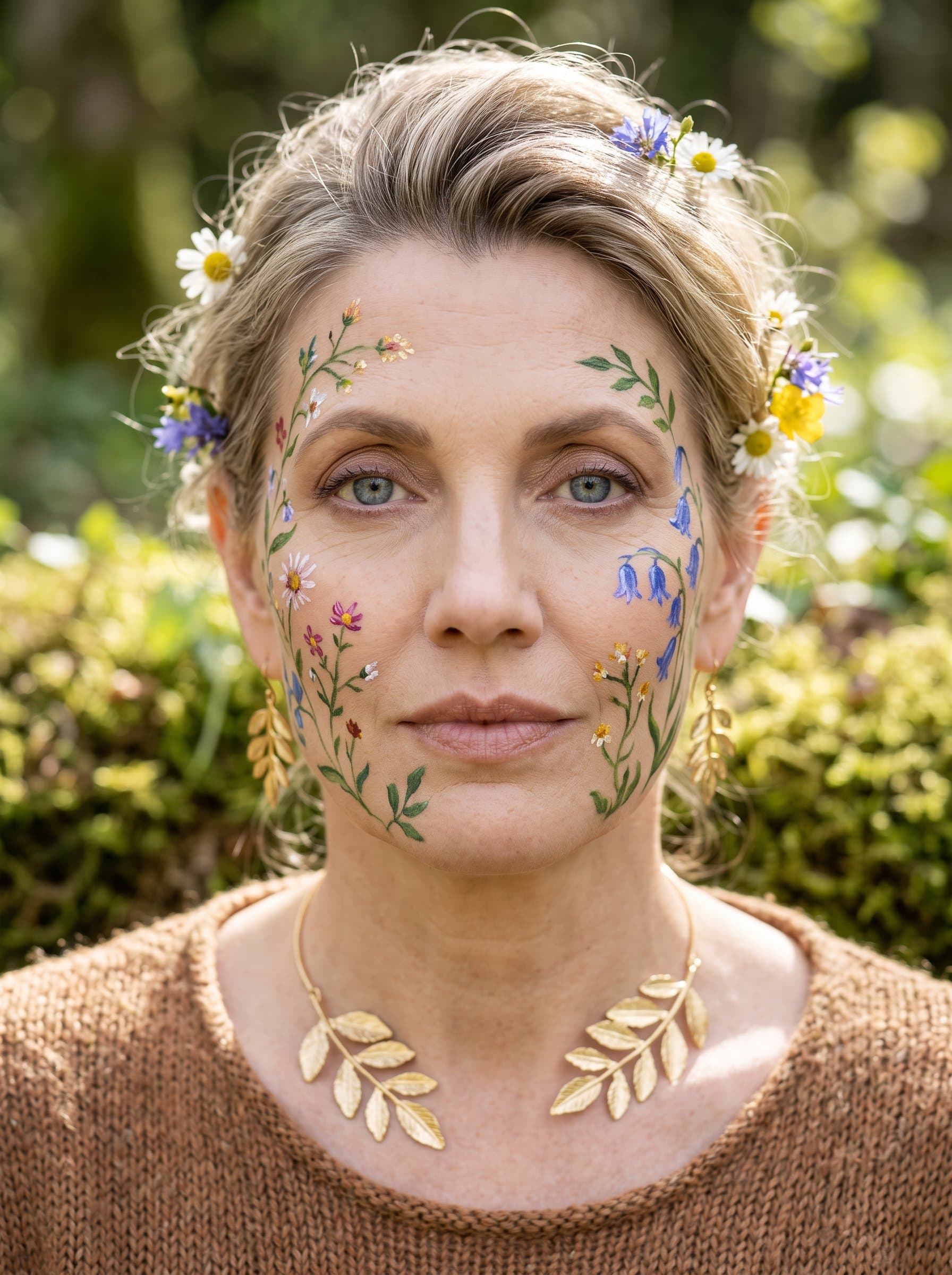 A highlighting a creative, nature-inspired look, with floral motifs painted delicately on their face. The soft, greenish background enhances the artistic expression and nature theme.