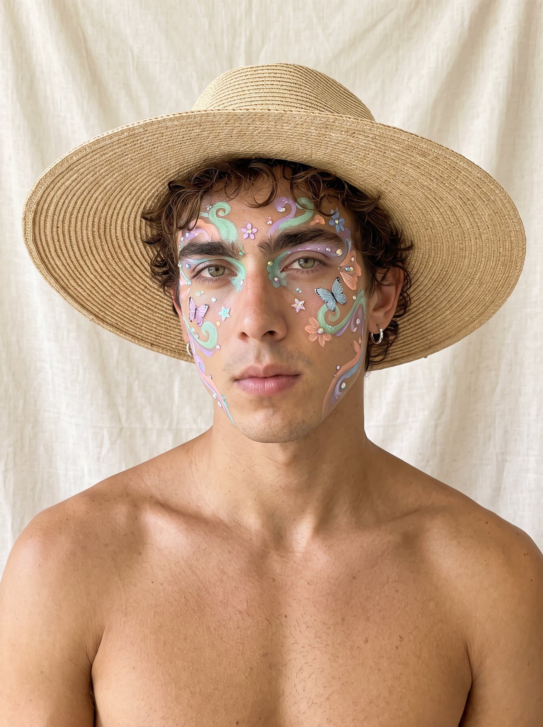 A with a whimsical makeup style, featuring pastel colors and intricate face art. The light cream backdrop amplifies the playful and imaginative quality of their creativity.