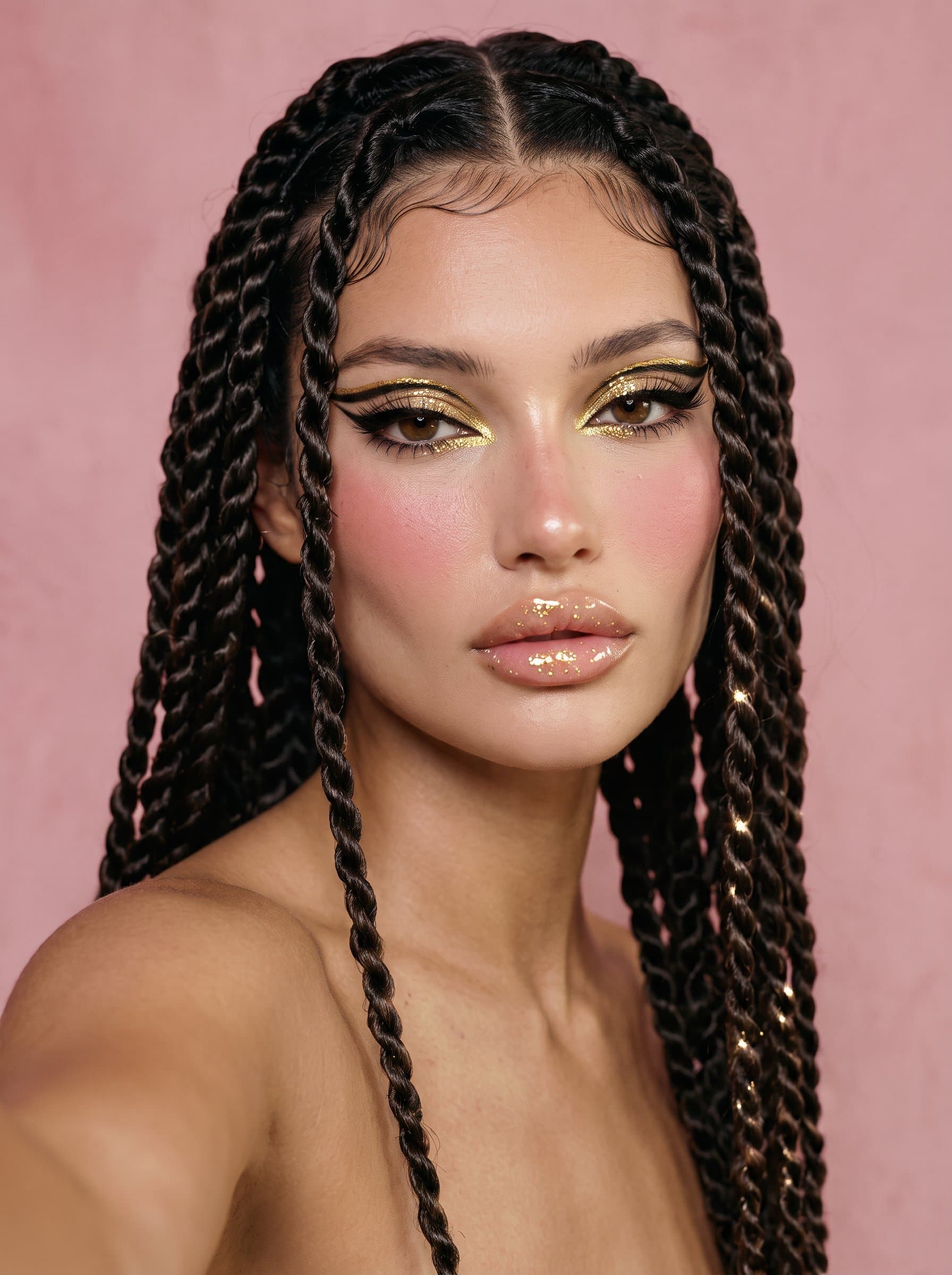 showcasing a dramatic cat-eye makeup look with striking gold accents. The soft, neutral backdrop enhances the elegance and precision of their eye-catching style.