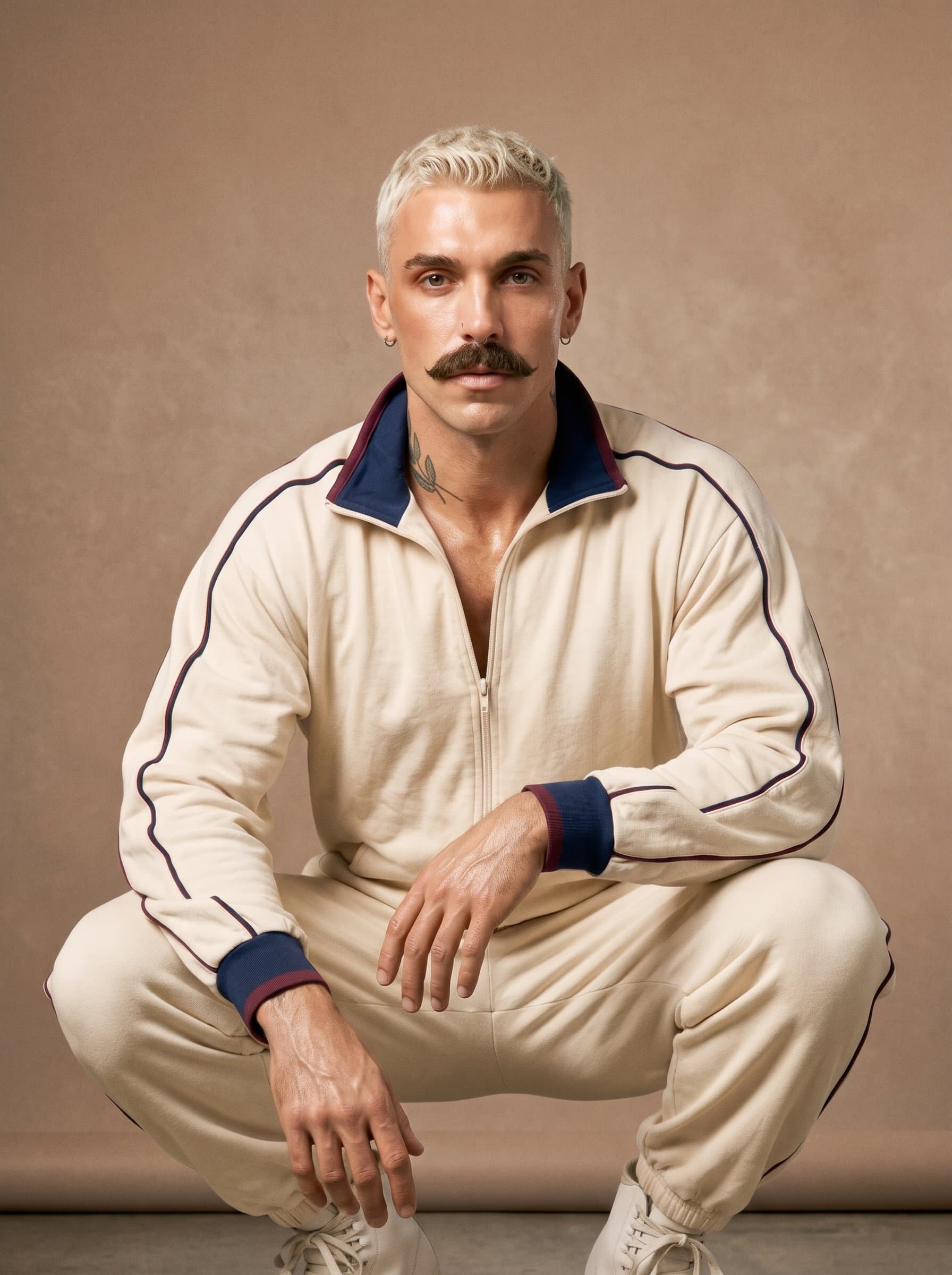 with a soft glam look, characterized by warm, earthy tones and a subtle glow. The gentle coffee-colored background enhances the warmth and sophistication of their makeup.