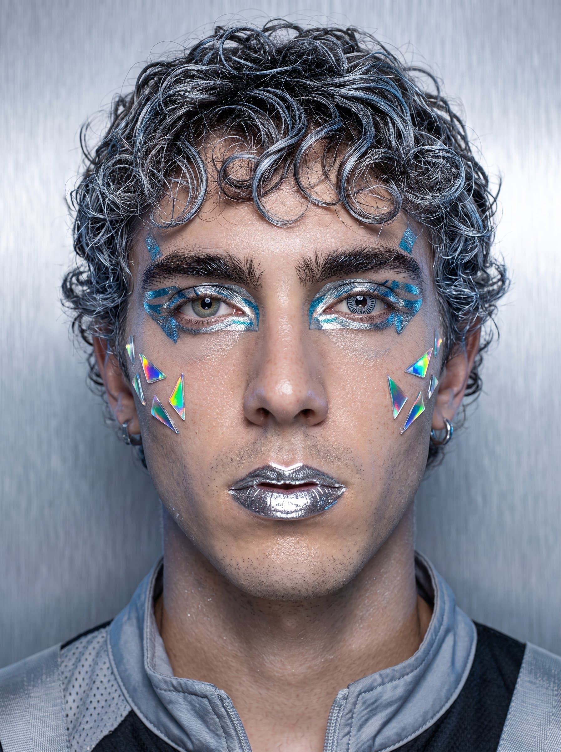 A featuring a futuristic makeup style, with metallic and holographic elements. The neutral silver background complements their cutting-edge and visionary approach to makeup artistry.