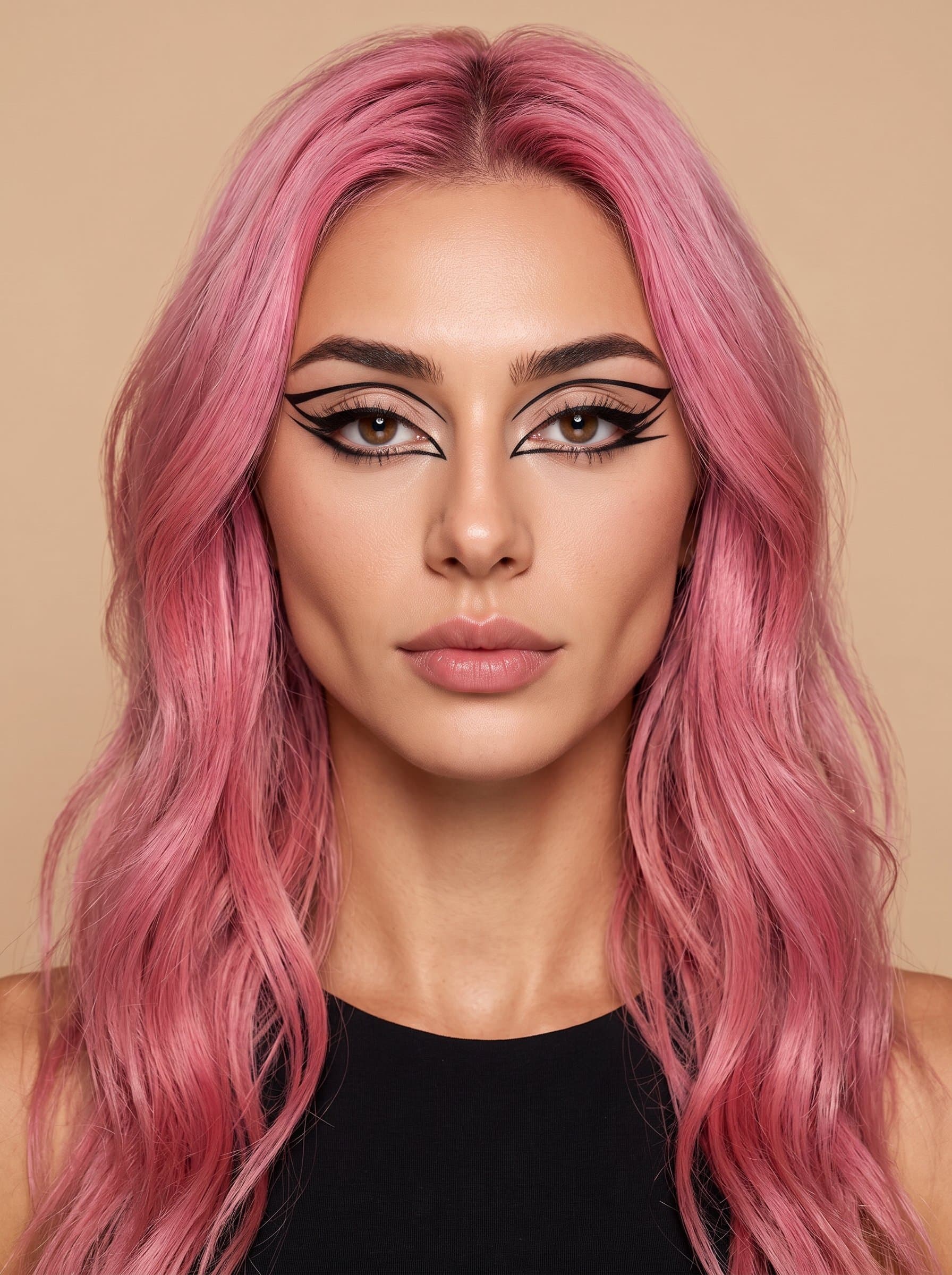 Focus on a with a bold graphic liner look. The minimal beige background emphasizes the modern, artistic statement of their makeup, drawing attention to sharp lines and angles.