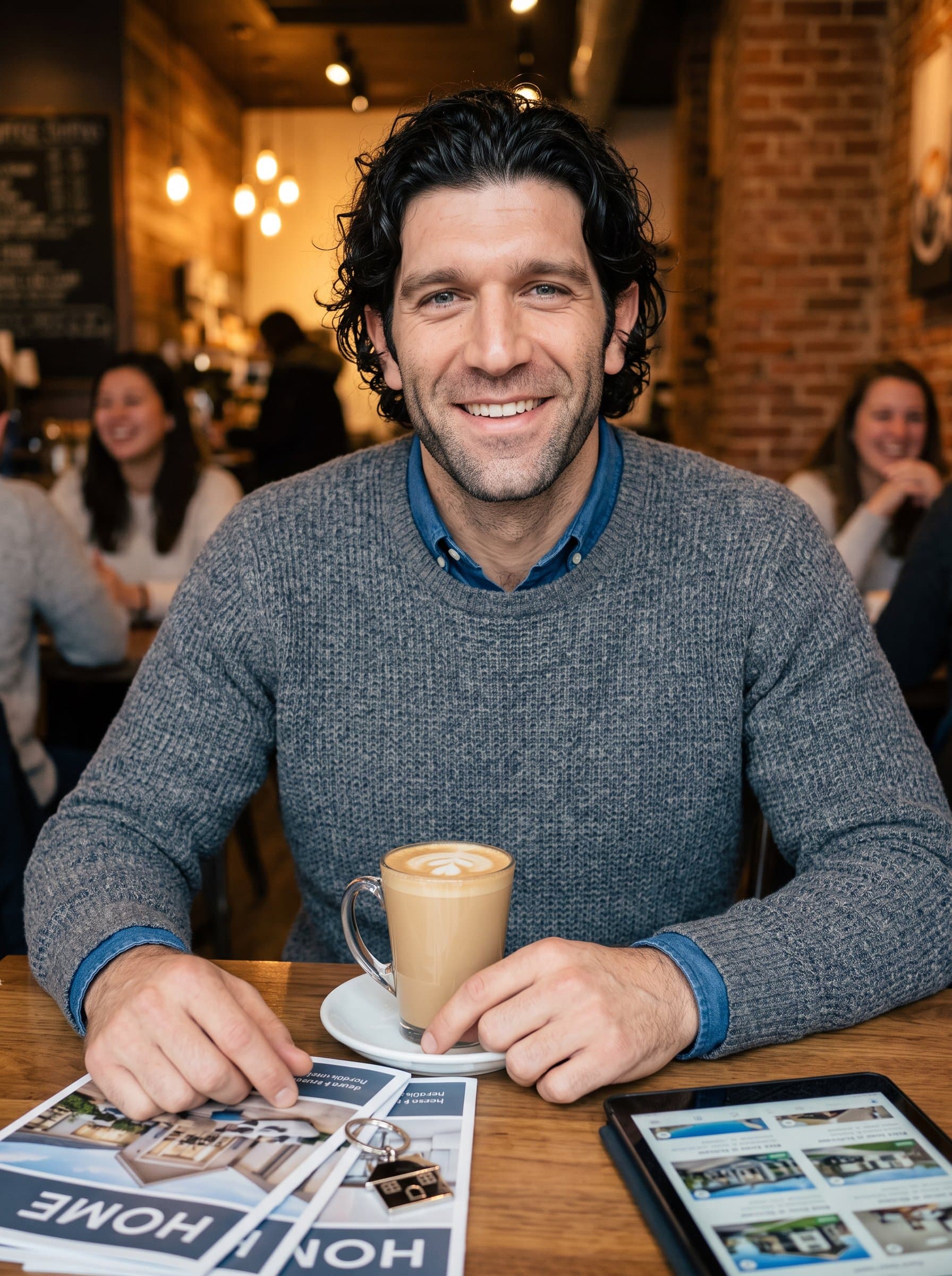 Capture a in a cozy coffee shop setting, casually dressed yet exuding approachability and warmth. The image should resonate with clients looking for a friendly, personable real estate experience.