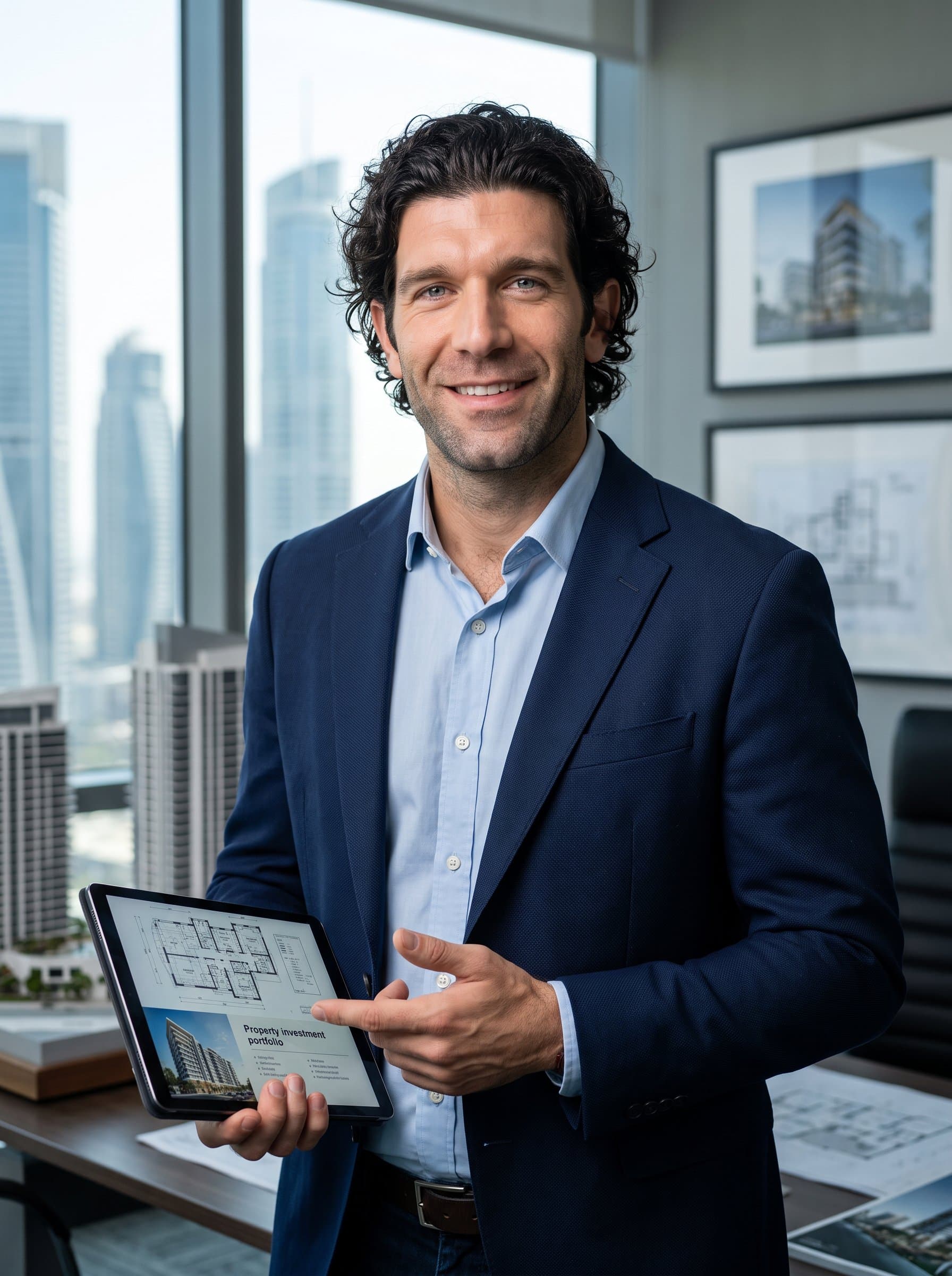 Capture a against a backdrop of architectural designs, in semi-formal attire. The expression is knowledgeable and engaging, ideal for a real estate broker specializing in property investments.