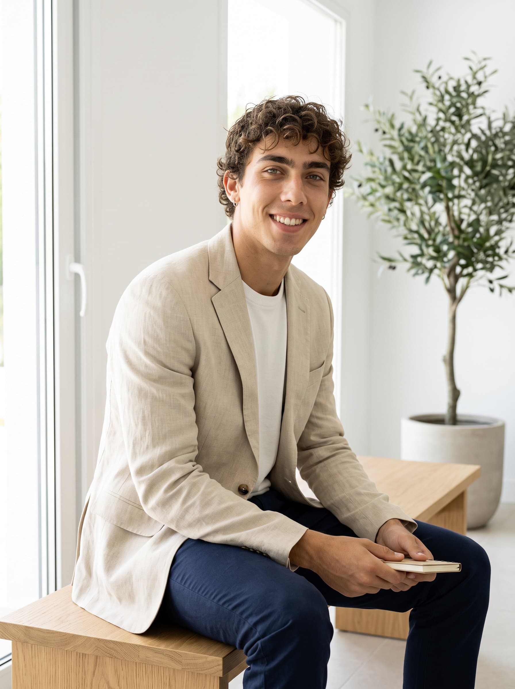 Show a in a bright, minimalist interior, highlighting natural and authentic personality traits. The attire is business casual, projecting a down-to-earth yet professional demeanor.