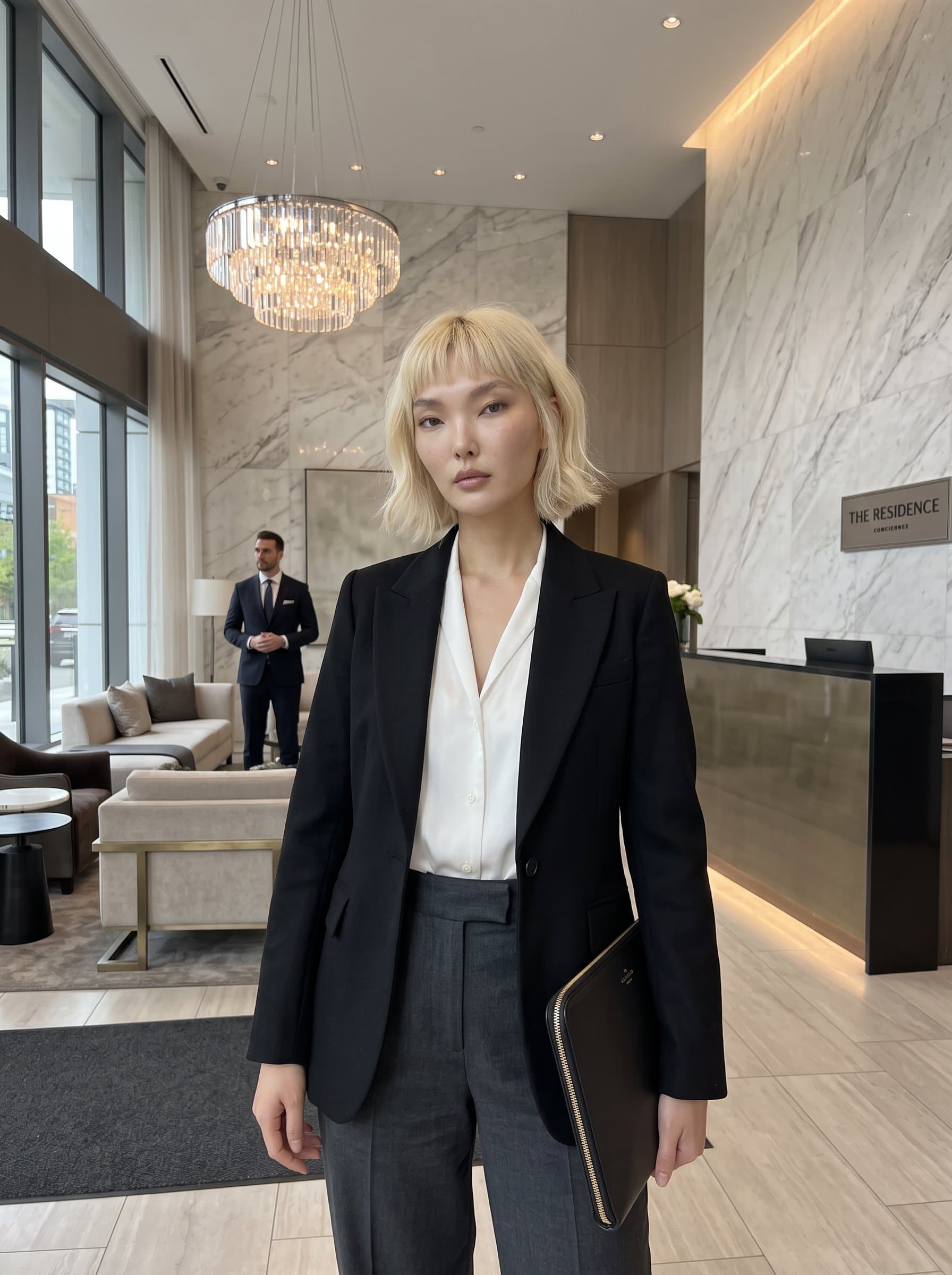 Capture a in a posh condominium lobby, with corporate attire that suggests sophistication and exclusivity, appealing to luxury real estate clientele.