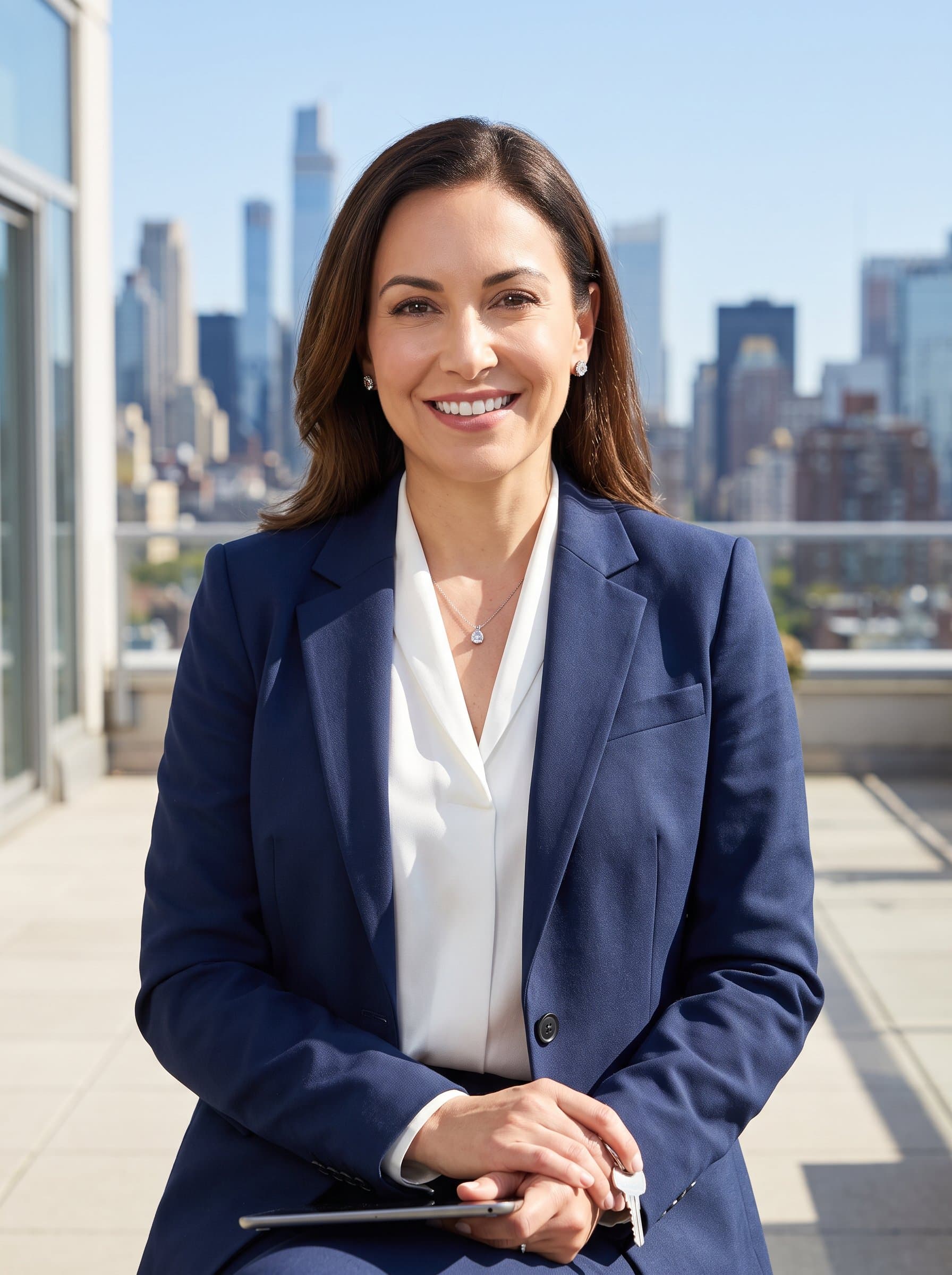 A with a sharp blazer, smiling confidently against a city skyline backdrop. The look is classic professional, exuding trust and competence, ideal for real estate branding. Photorealistic and engaging.