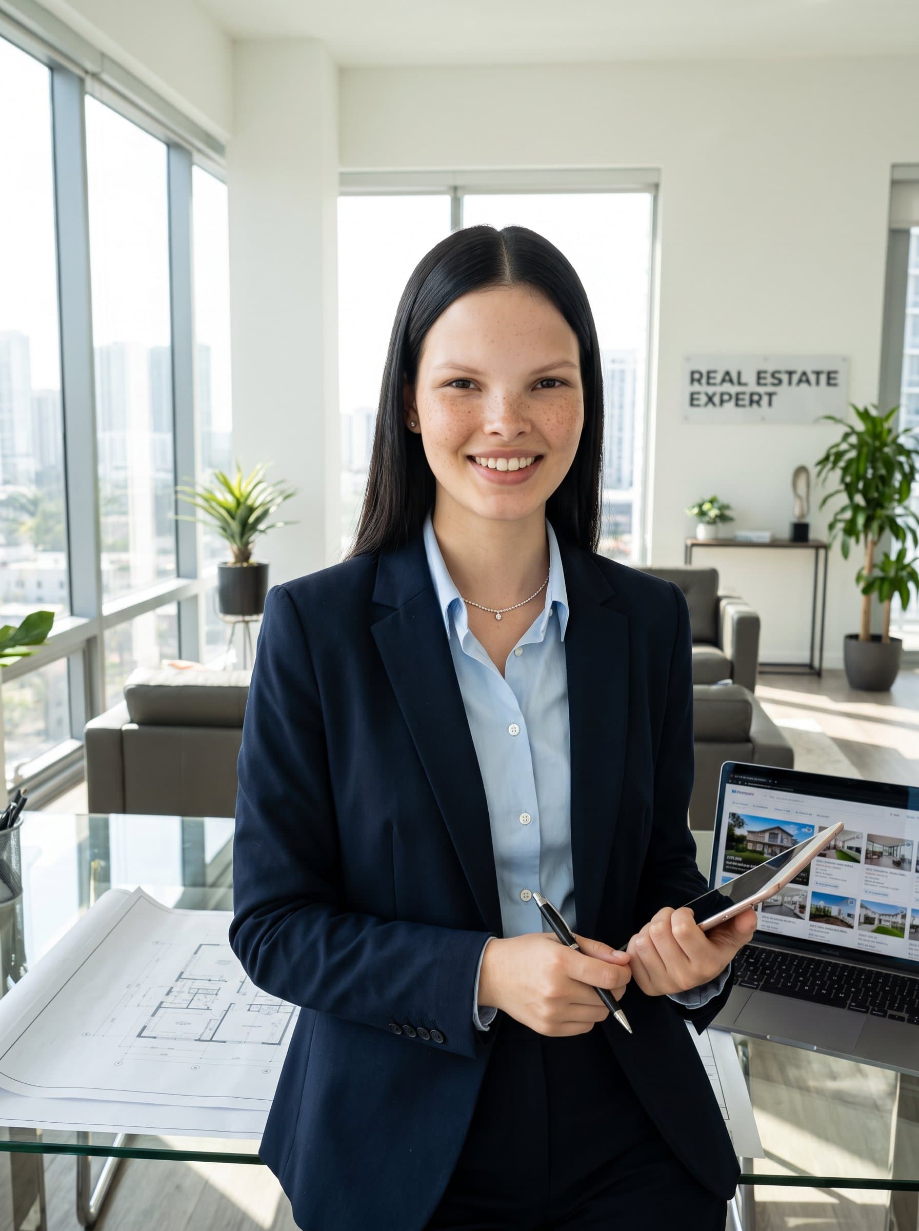 A in a sunlit office, with modern decor. The attire is formal yet stylish, exuding authority and reliability. Perfect for showcasing expertise in the real estate market.