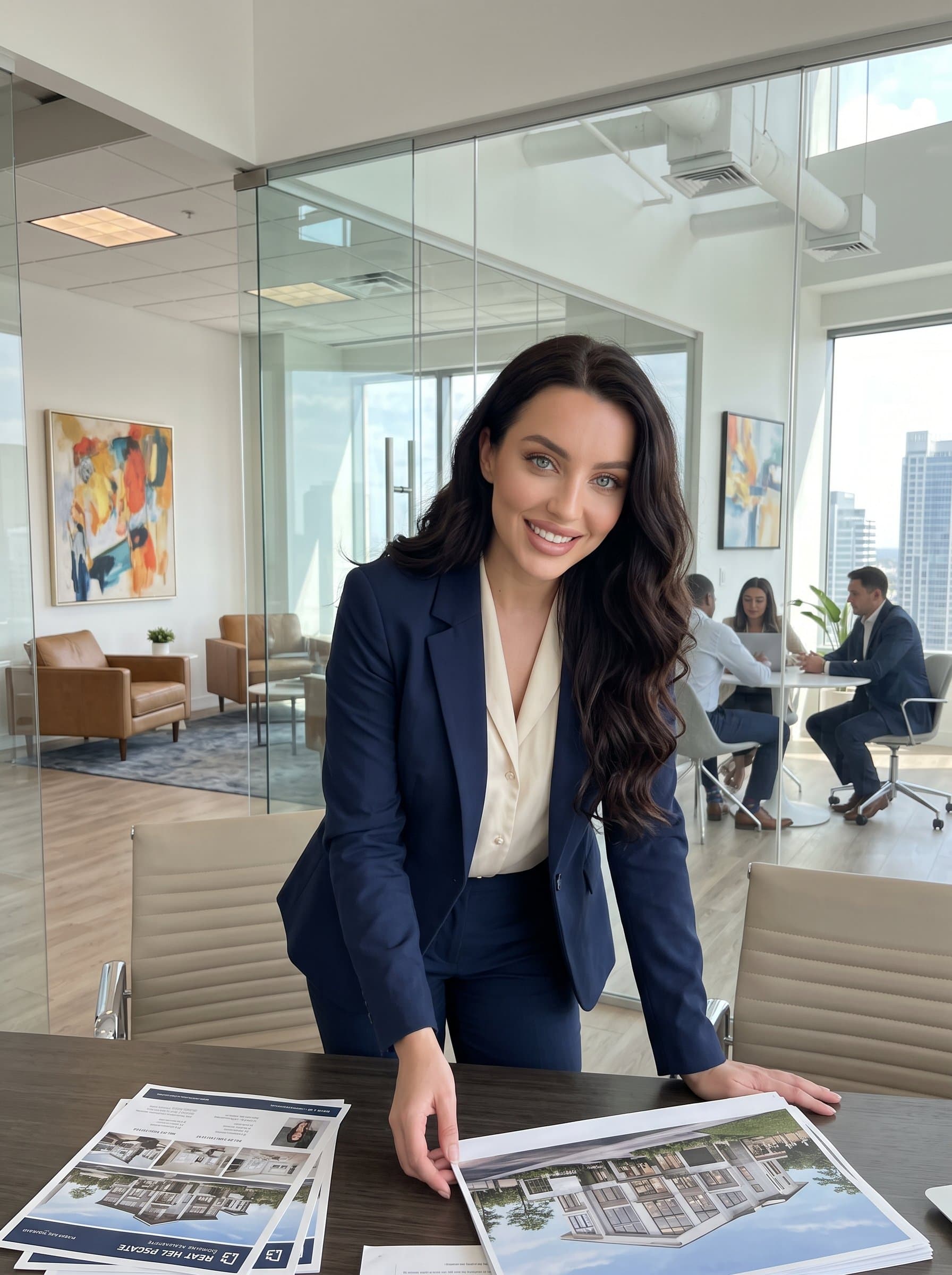 A in a sleek modern office, with smart casual attire, leaning slightly forward. The expression is inviting and professional, suitable for a dynamic real estate brokerage.