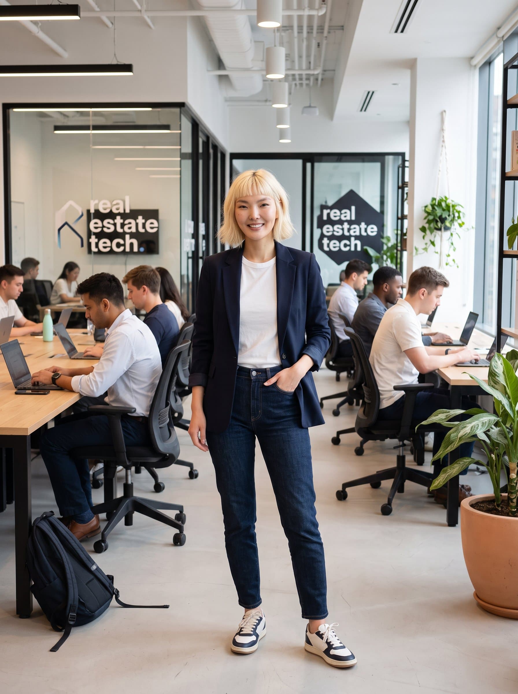 A standing confidently in a trendy co-working space, dressed in smart casual style. The image should reflect innovation and approachability, appealing to younger real estate clients.