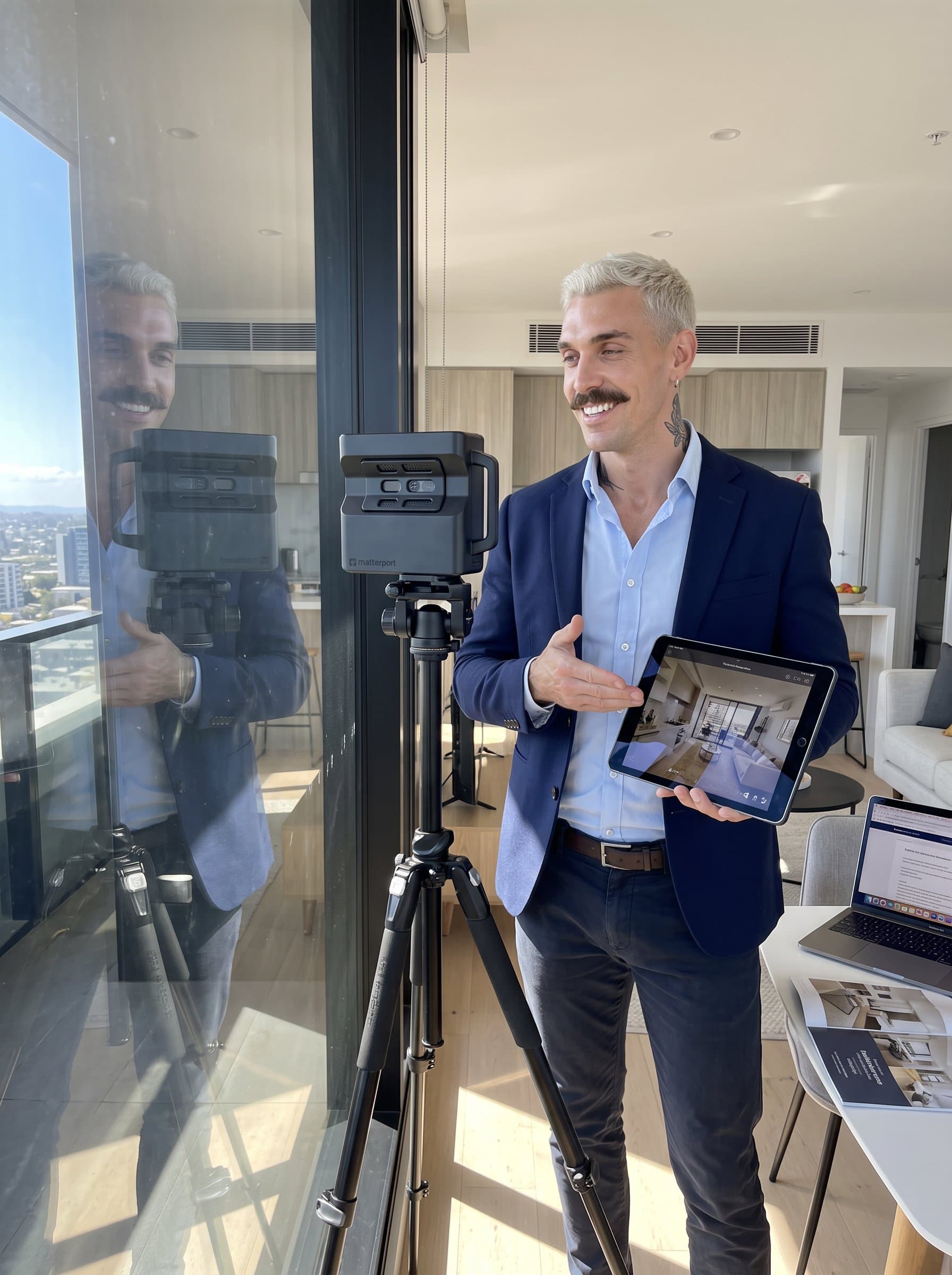 Photograph a engaged in a virtual tour setup, smartly dressed for a tech-savvy image, reflecting adaptability and modernity in real estate dealings.