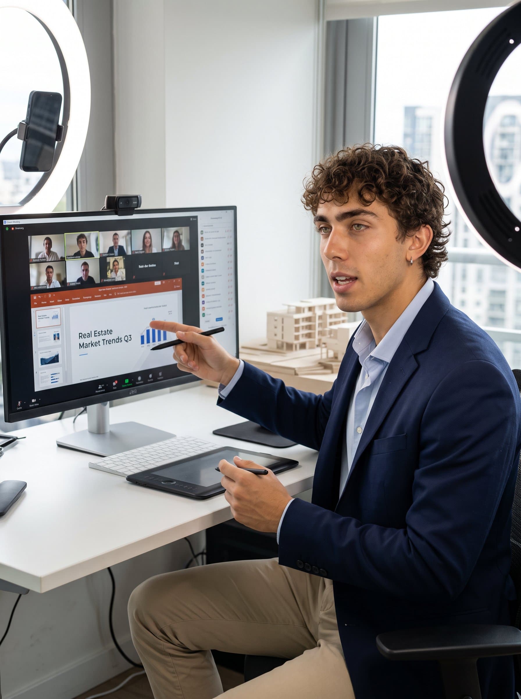 A at the helm of an online meeting, dressed in business casual, projecting comfort with digital tools and virtual communications in the real estate space.