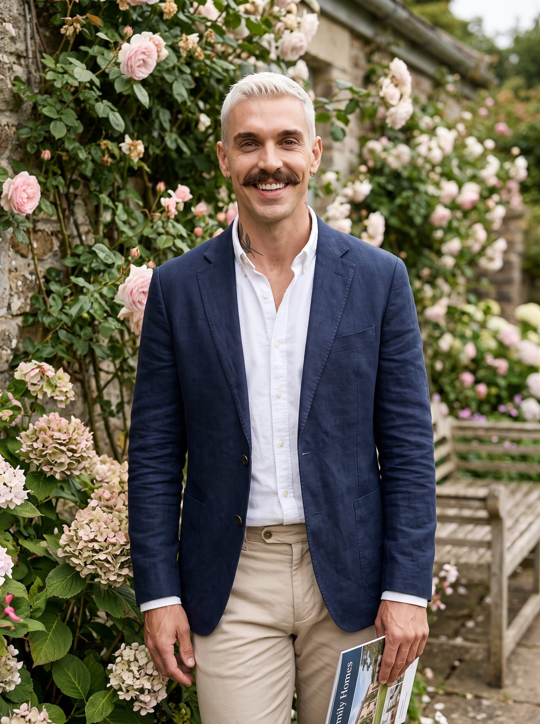 A in a garden setting, wearing relaxed business attire. The image should exude calmness and trust, perfect for a real estate broker focusing on family homes.
