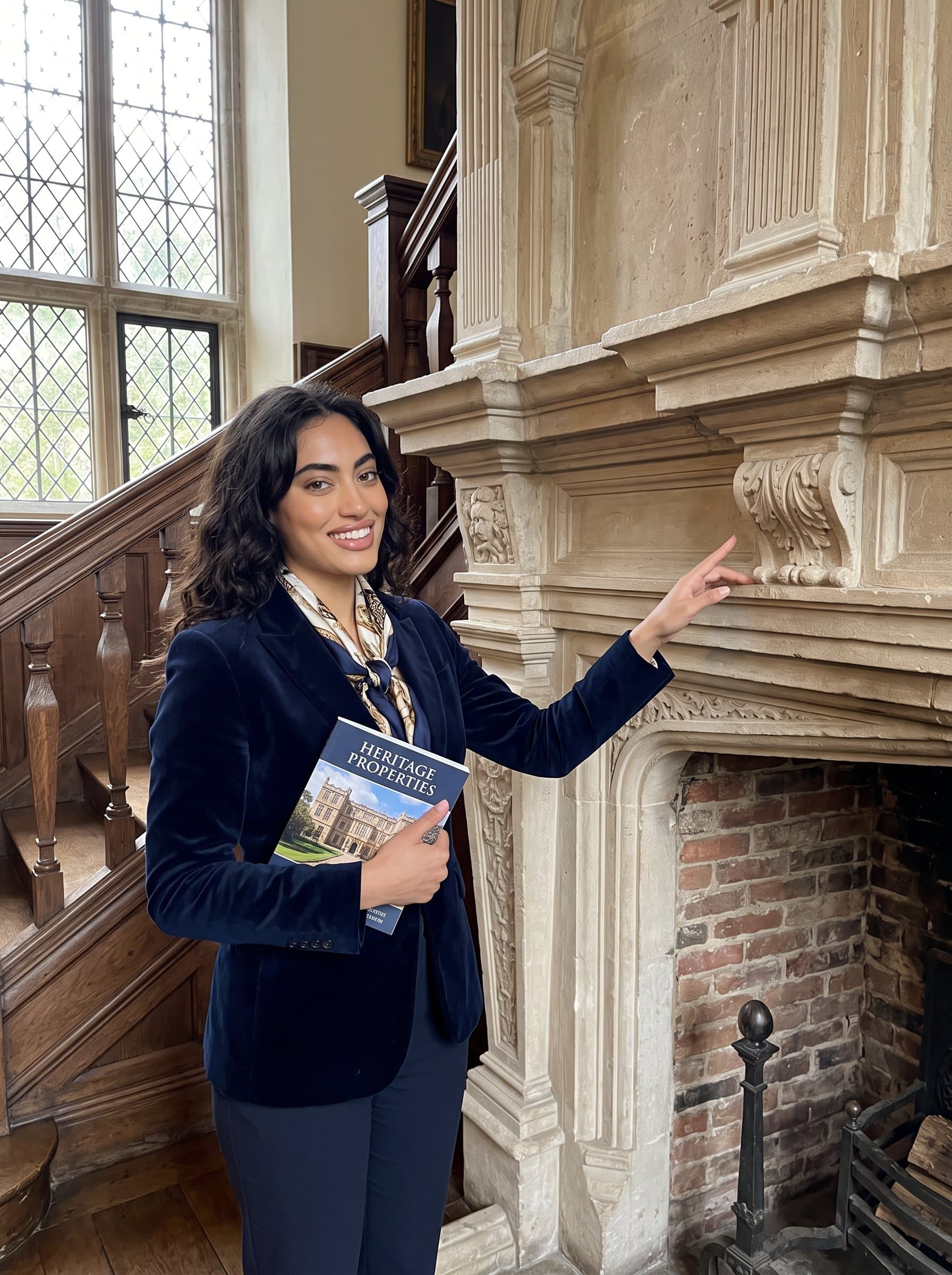 Show a in a historic building, formal dress and poised expression, exuding knowledge of heritage properties and a love for architectural charm.