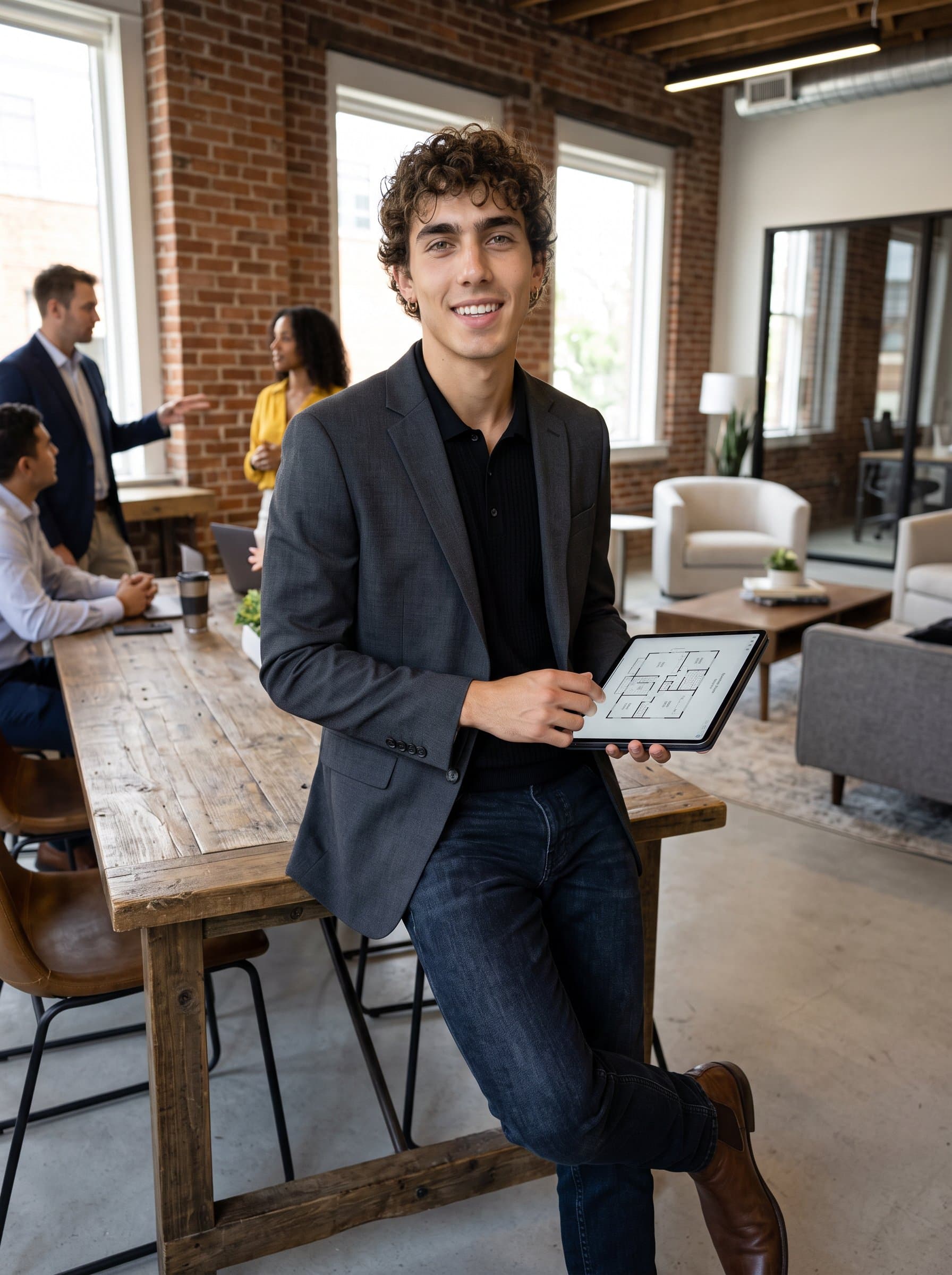 Position a in a stylish co-working lounge, attire reflecting a creative professional vibe, appealing to innovative and entrepreneurial real estate clients.