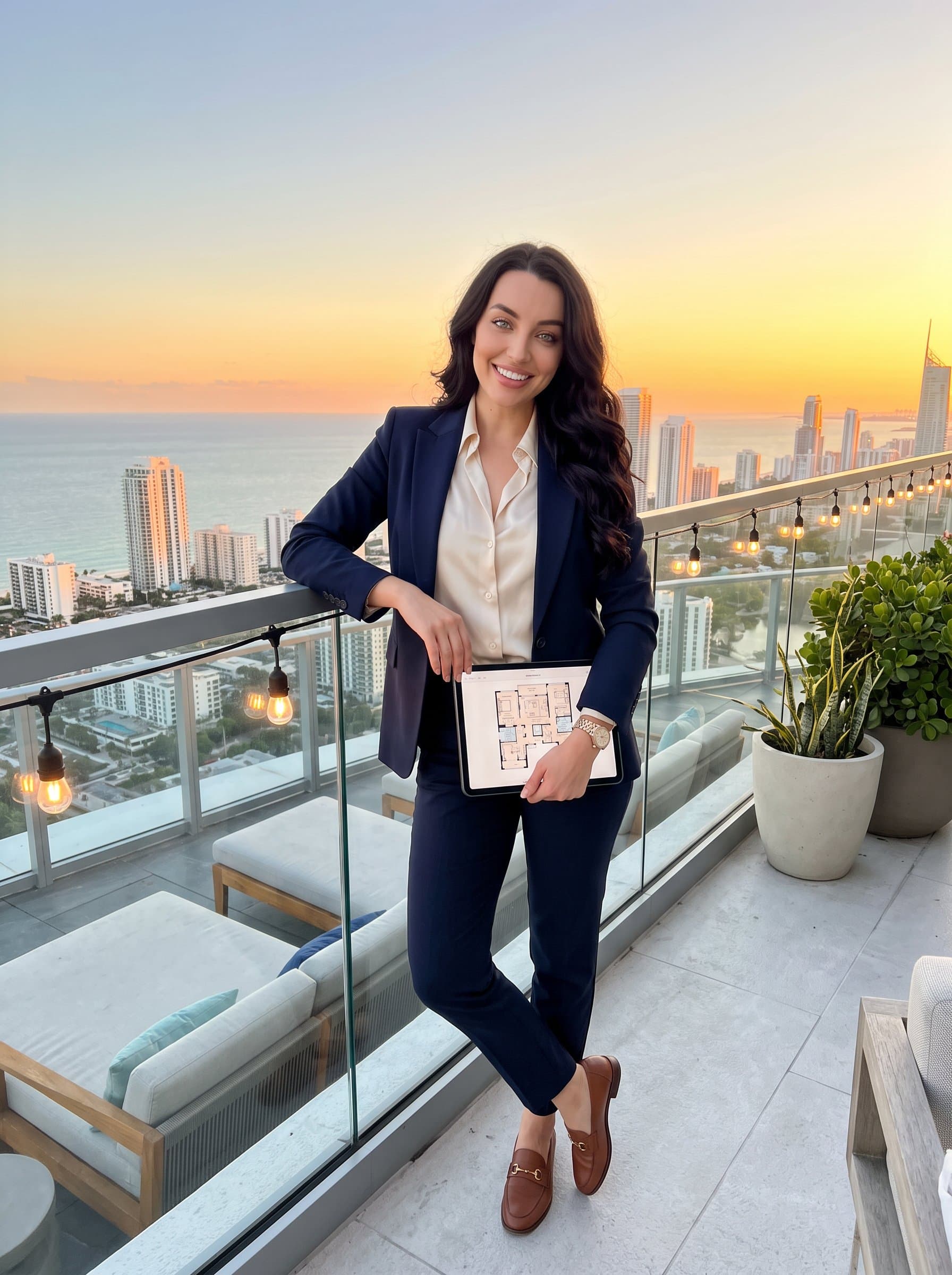 A on a rooftop terrace, capturing a sunset view. The attire is casual yet polished, with a relaxed posture, suggesting an approachable yet competent real estate guide.