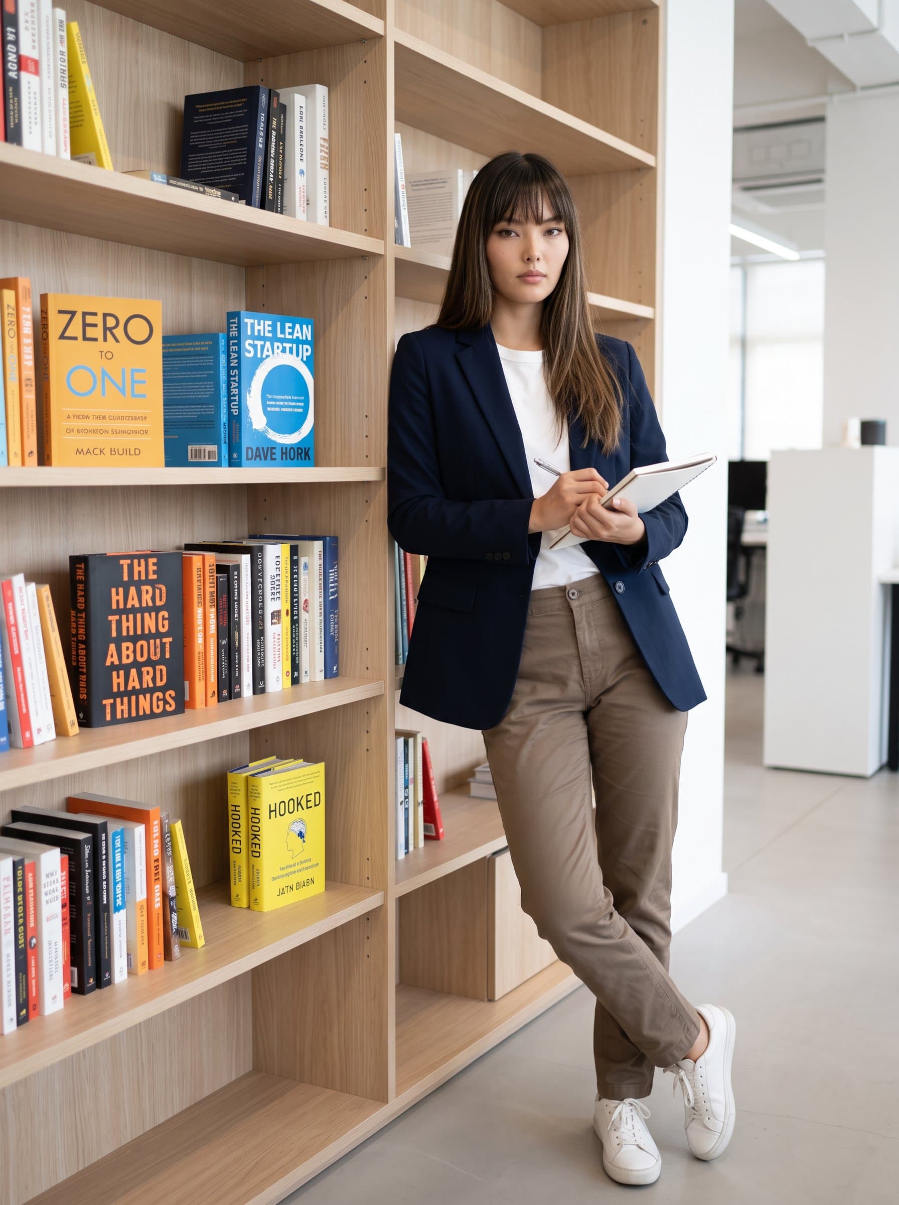casually leaning against a contemporary wooden bookshelf filled with startup literature, their expression determined. The attire is a smart-casual ensemble, perfectly balanced between professional and approachable.