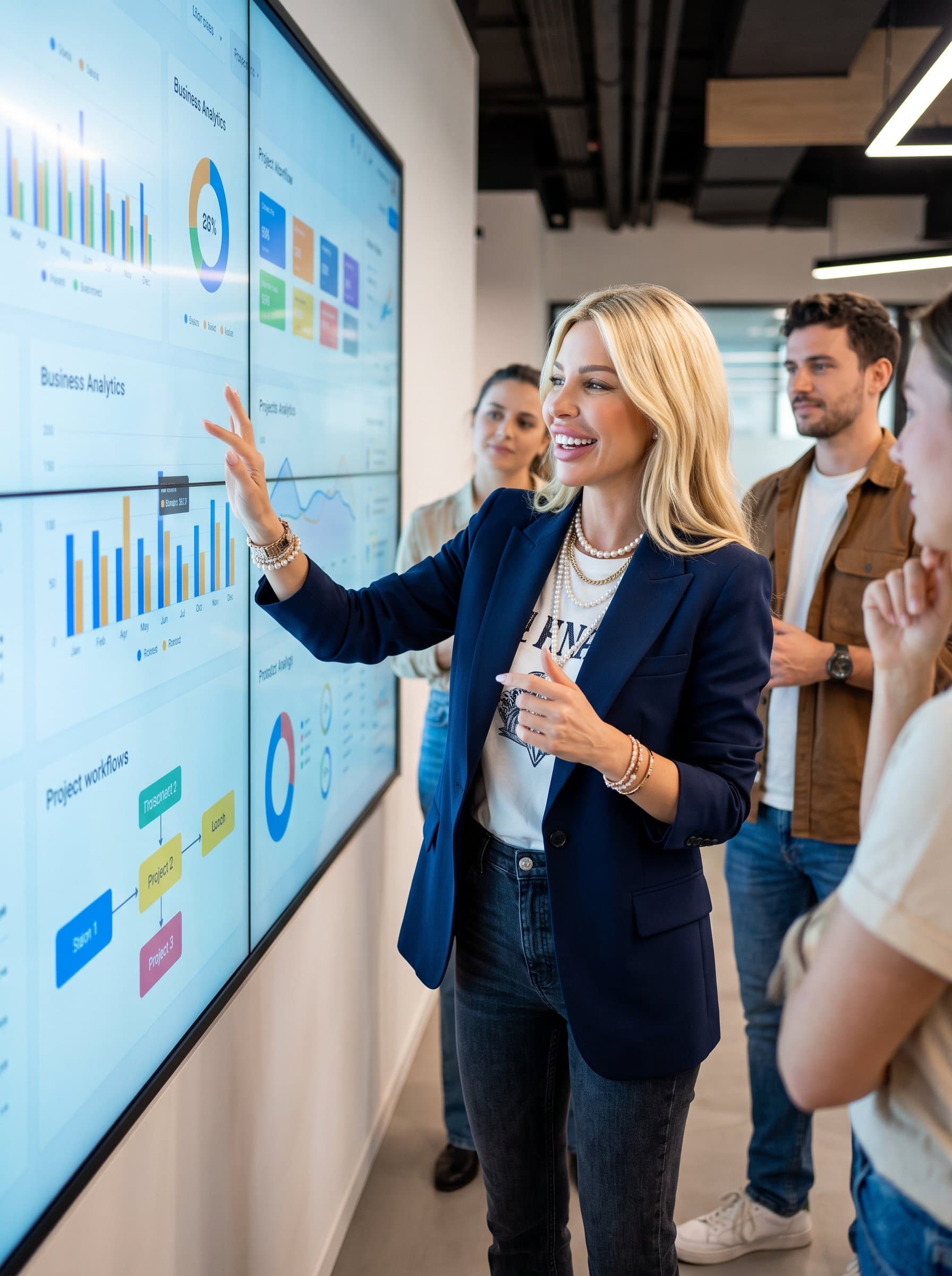 engaging with a digital touchscreen wall, exuding enthusiasm and adaptability. Their wardrobe pairs a smart blazer with a casual tee, underscoring a balance of professionalism and creativity.