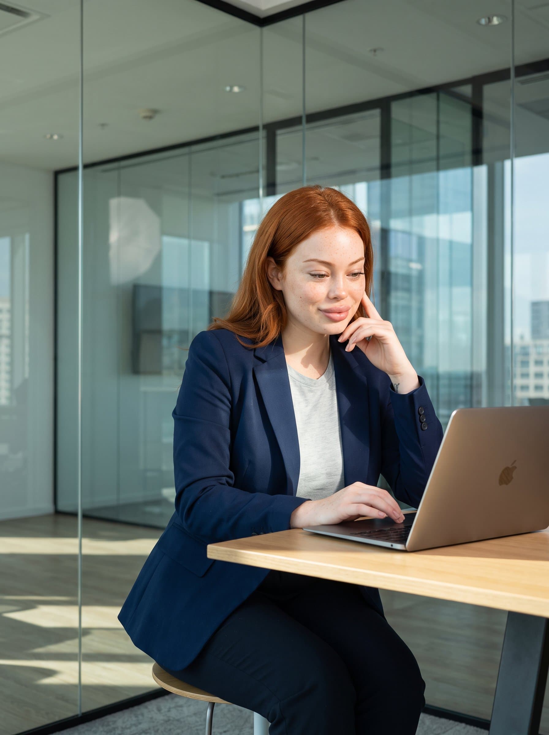 in a sleek glass-walled office, natural light highlighting their focused expression, with a minimalistic desk featuring a laptop. The woman wears a tailored blazer over a casual shirt, conveying tech-savvy confidence.