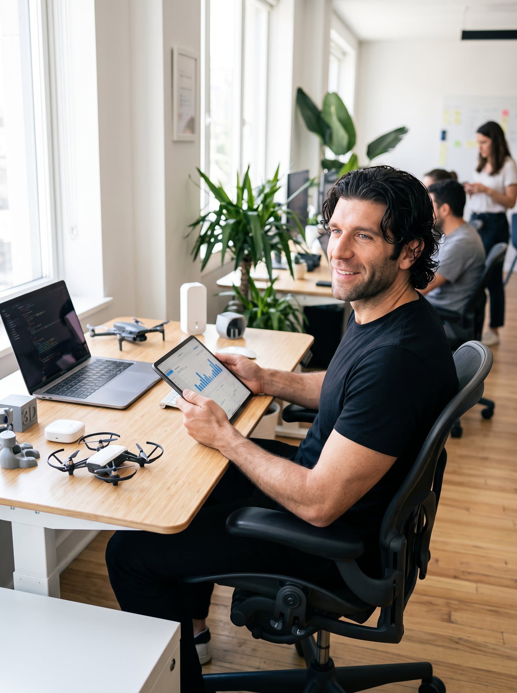 seated comfortably at a modern standing desk, a digital tablet in hand, showcasing a visionary look. The ambiance is bright with tech gadgets subtly placed, reflecting an innovative workspace.
