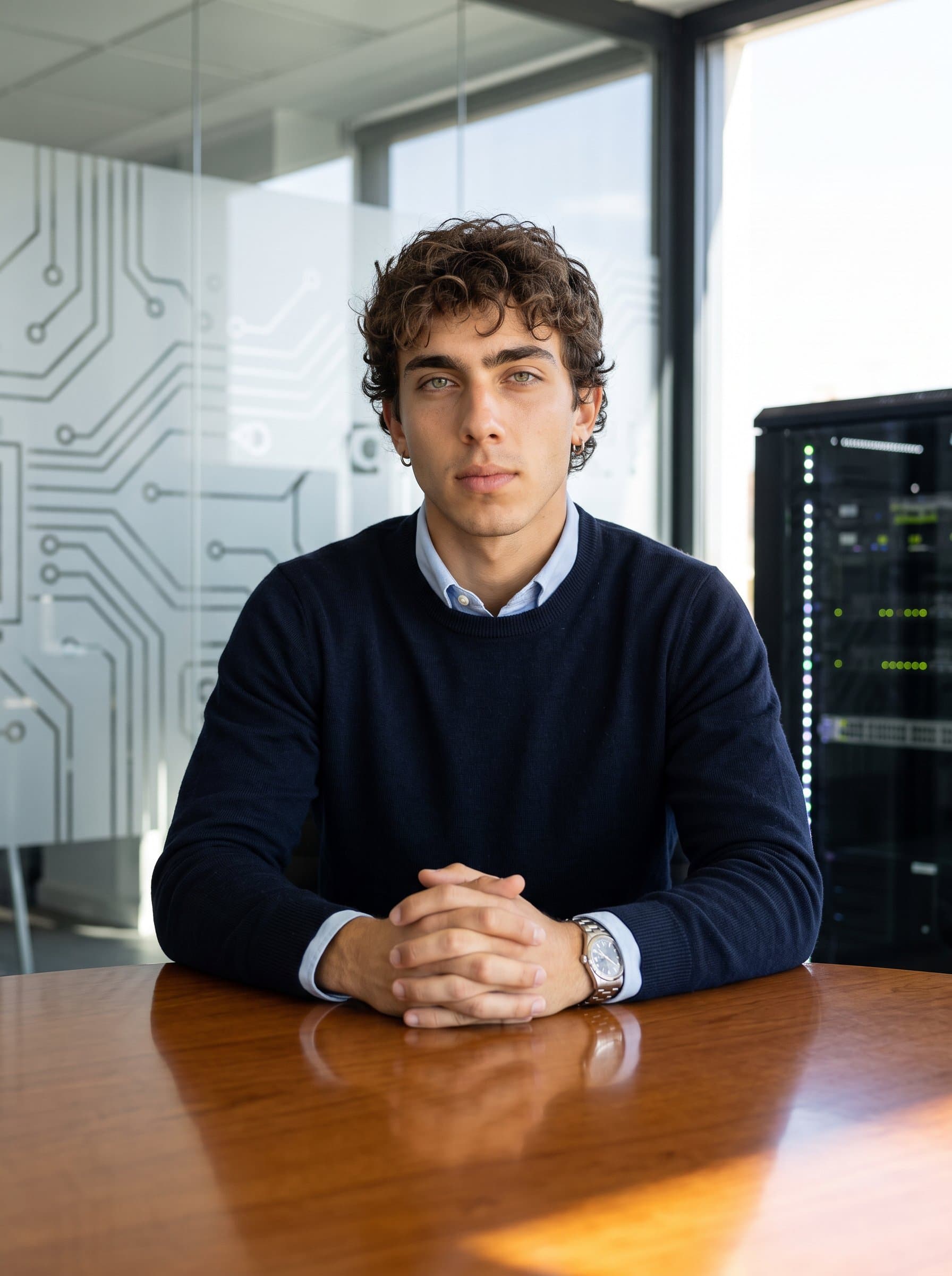 sitting at a polished conference table, hands clasped in front of them. Background features subtle tech motifs, and their demeanor is one of calm leadership. The attire is casual yet refined.