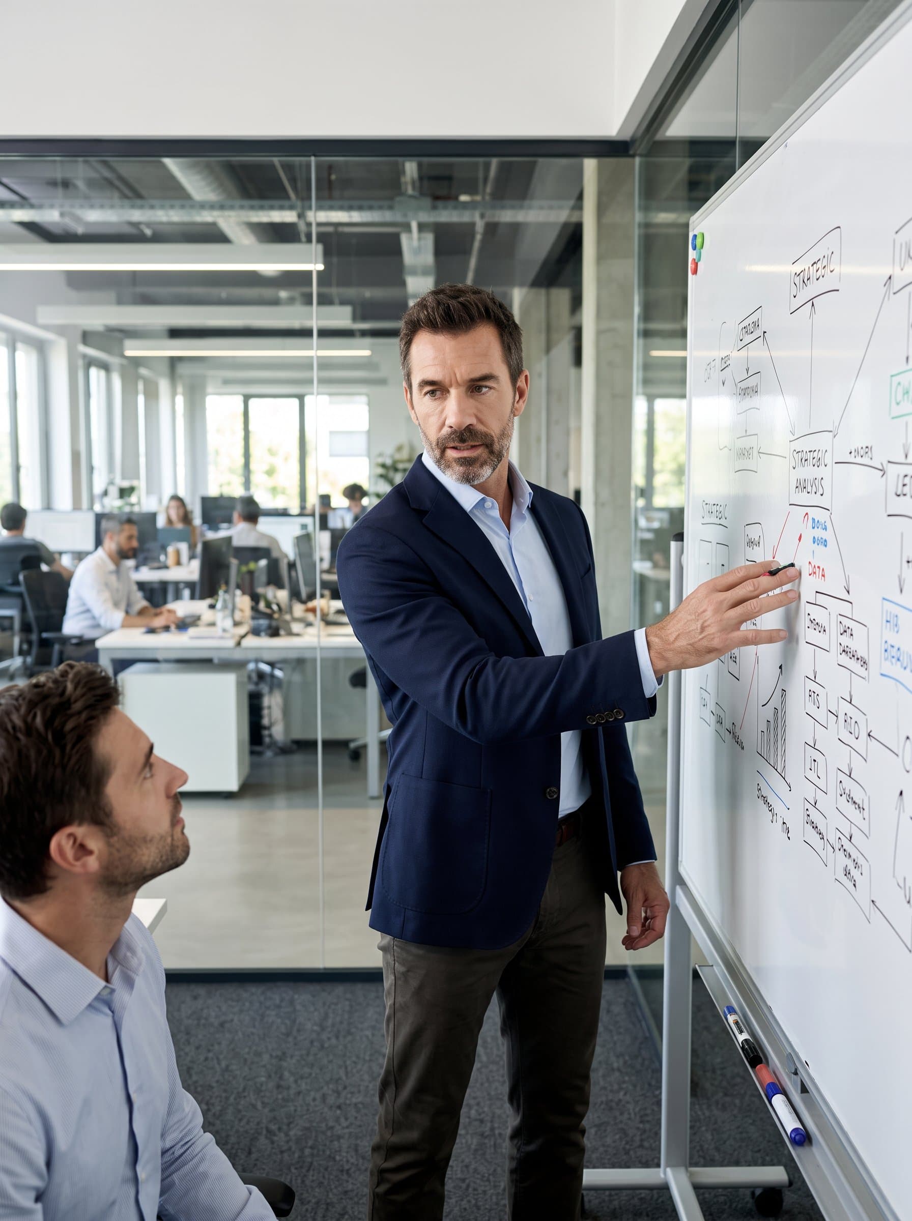 standing beside a conference room whiteboard with strategic diagrams, projecting leadership. Their modern-smart outfit blends seamlessly with the contemporary tech-themed interior, showcasing confidence in decision-making.