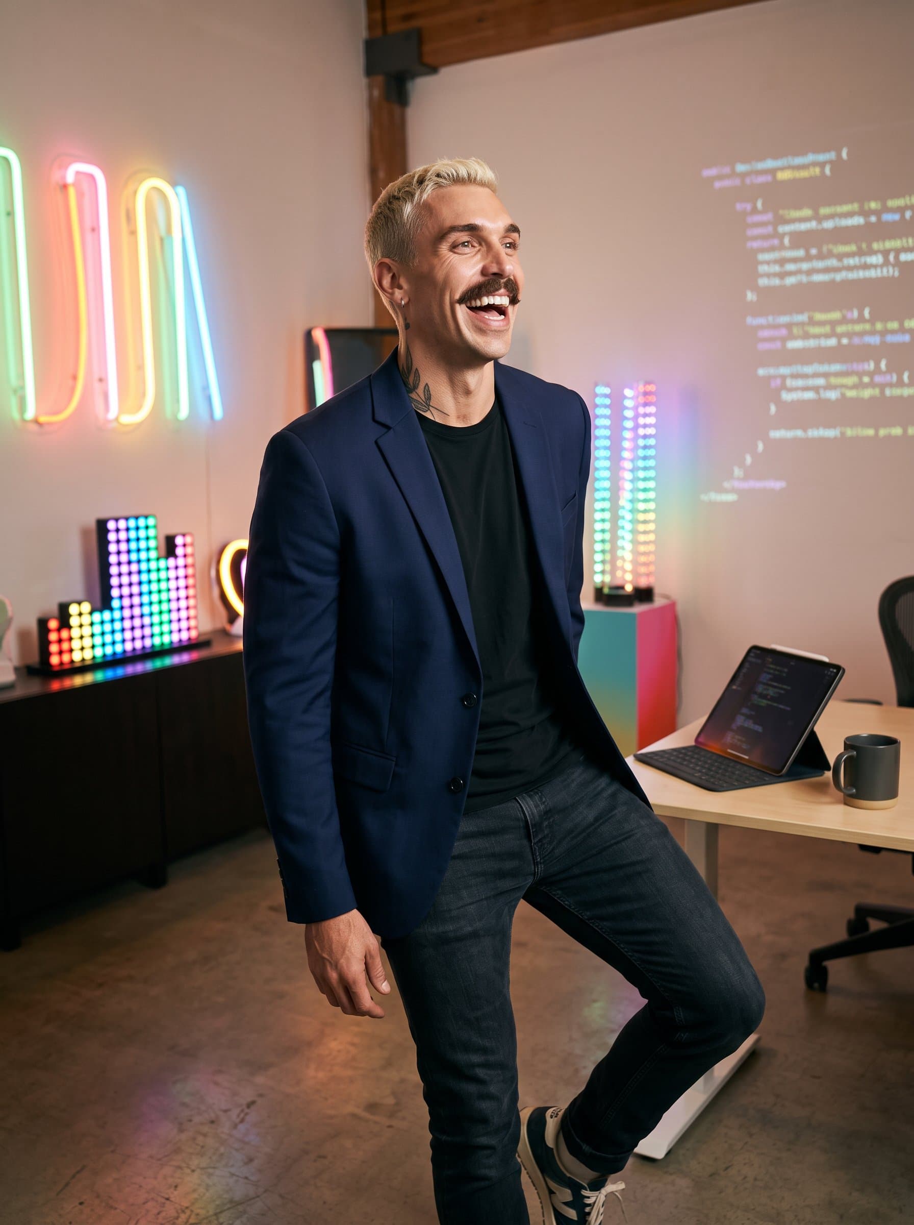 captured mid-laugh in a creative workspace, neon tech art adorning the walls. The attire is casual with a professional edge, illustrating a harmonious blend of warmth and authority.