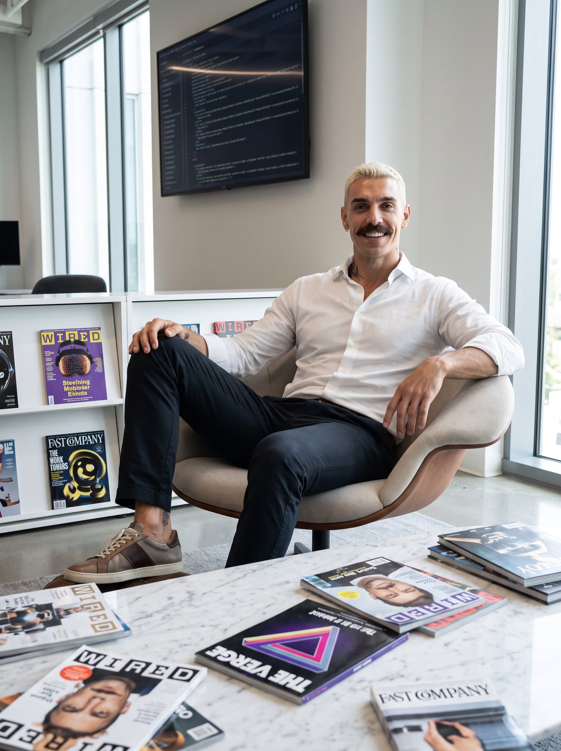 in a minimalist lounge area with tech magazines scattered around, conveying an air of relaxed confidence. Their attire is casual yet crisp, illustrating approachability amidst a high-tech environment.