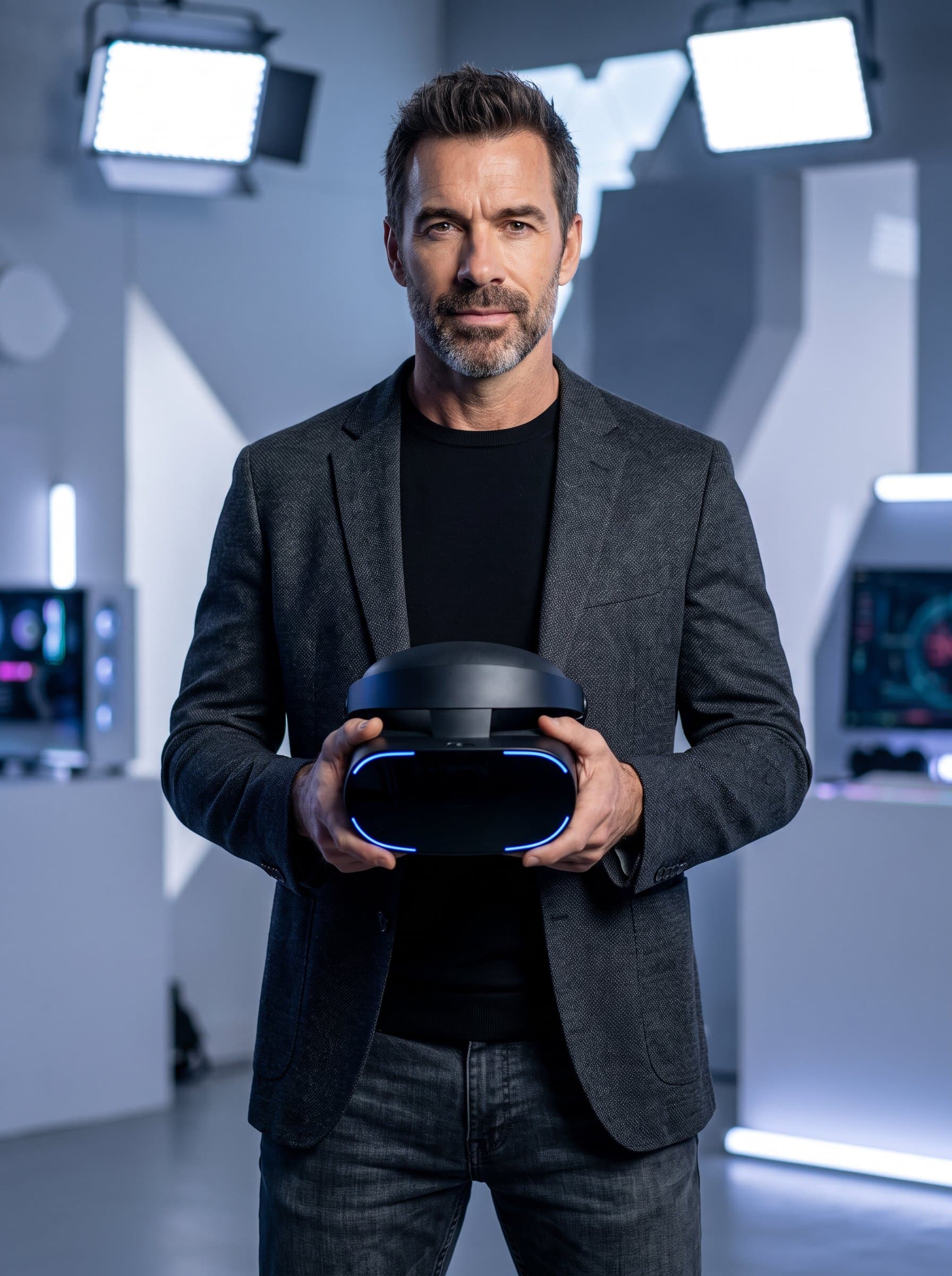 portrayed with a VR headset in hand, symbolizing cutting-edge innovation. The attire is stylishly casual, with a sleek studio backdrop enhancing their tech-focused persona.