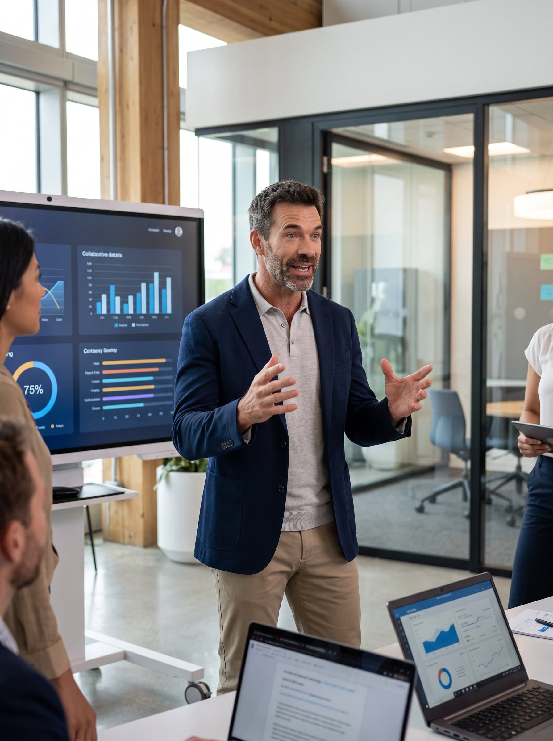 in a collaborative meeting space, gesturing animatedly as if pitching an idea. The setting features modern tech elements, and their smart-casual dress code reflects a blend of relaxation and readiness.